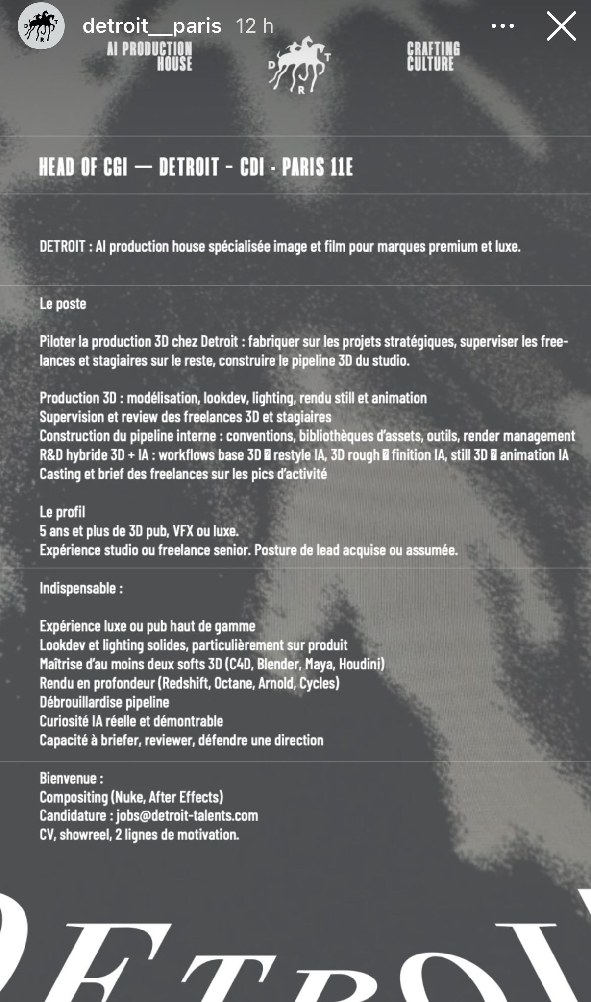 Affiche de recrutement « Head of CGI » — maison de production Detroit/Paris