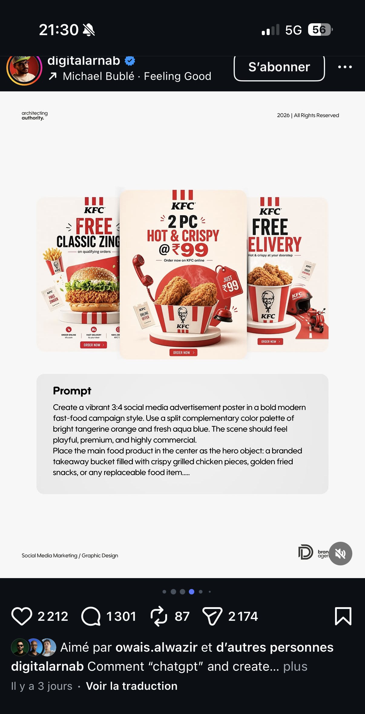 3 posters KFC générés (Free Classic Zinger, 2 PC Hot & Crispy, Free Delivery) accompagnés du prompt générique « vibrant 3:4 social media advertisement poster »