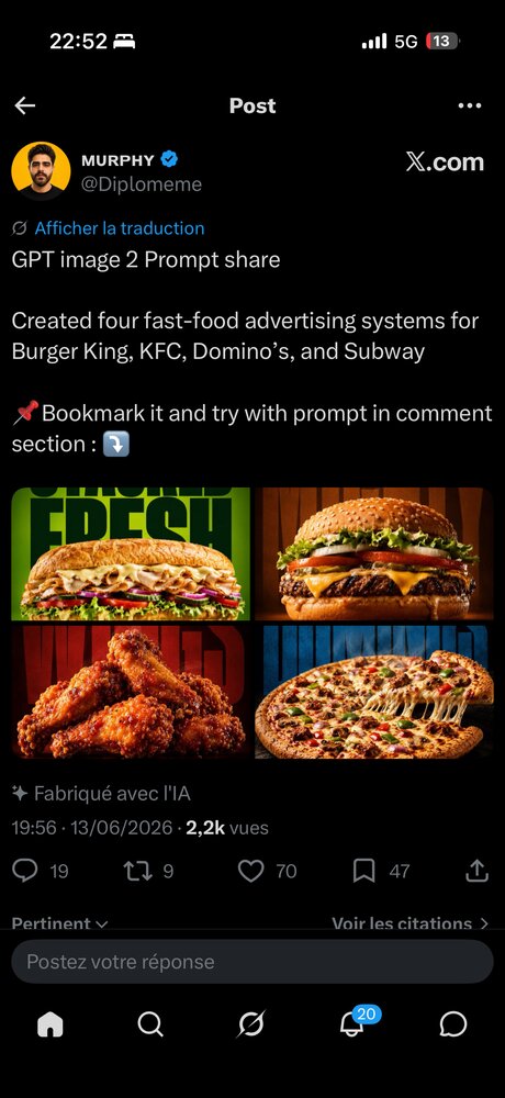 Grille de visuels publicitaires générés pour plusieurs enseignes fast-food