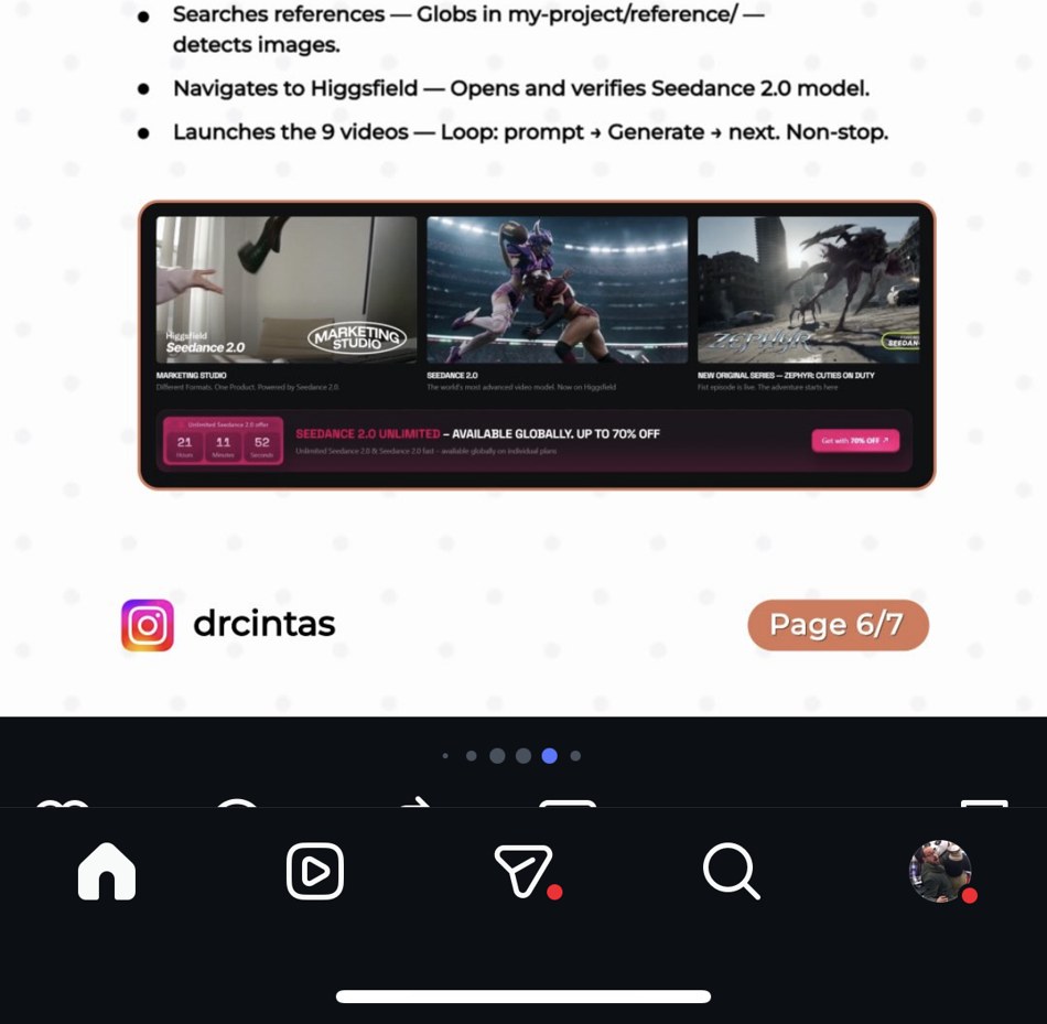 drcintas — le flow d'action : recherche références → navigation Higgsfield → génération en boucle des 9 vidéos