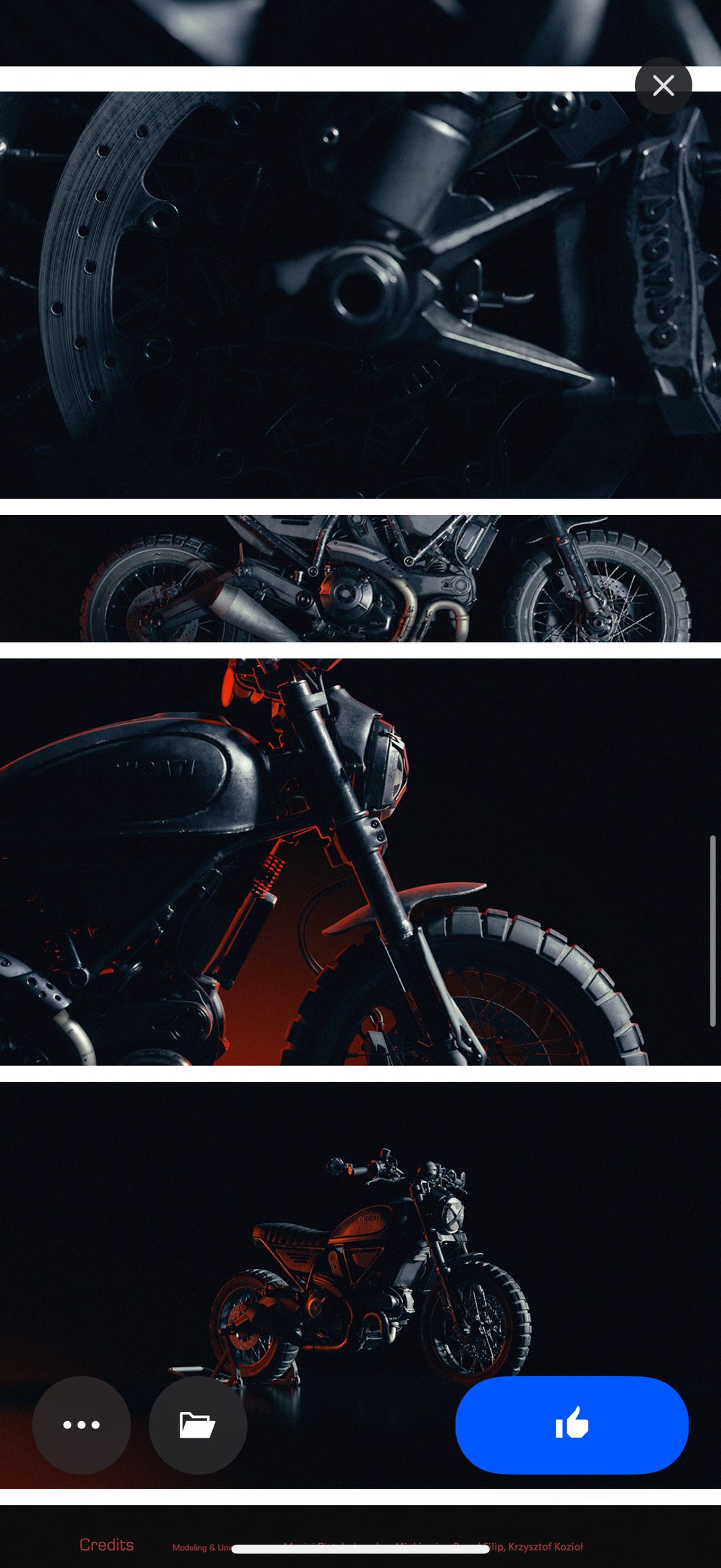 Ducati Scrambler – rendu 3D CGI, plan large moto et générique de crédits