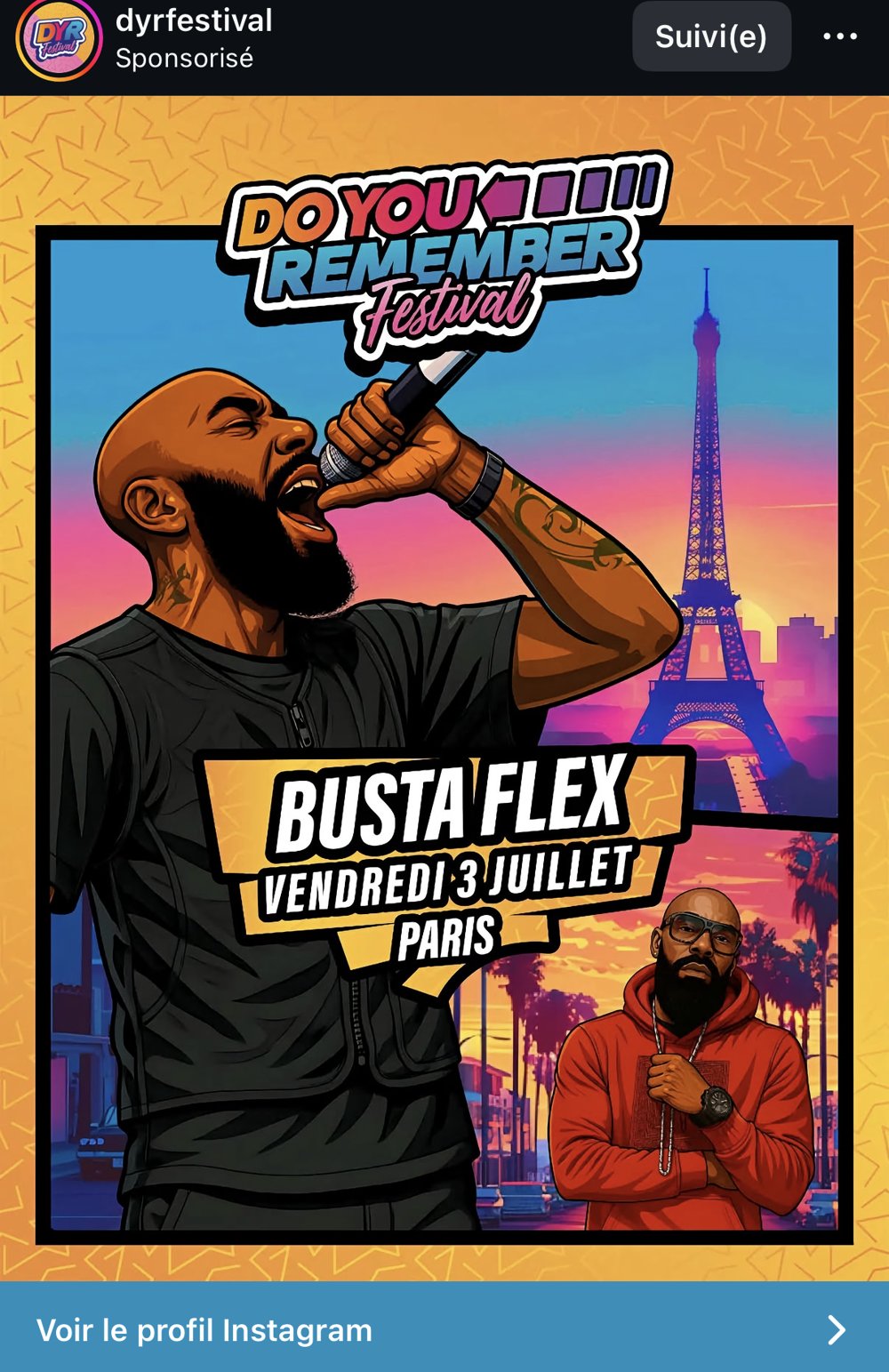 Affiche Do You Remember Festival Busta Flex illustration IA