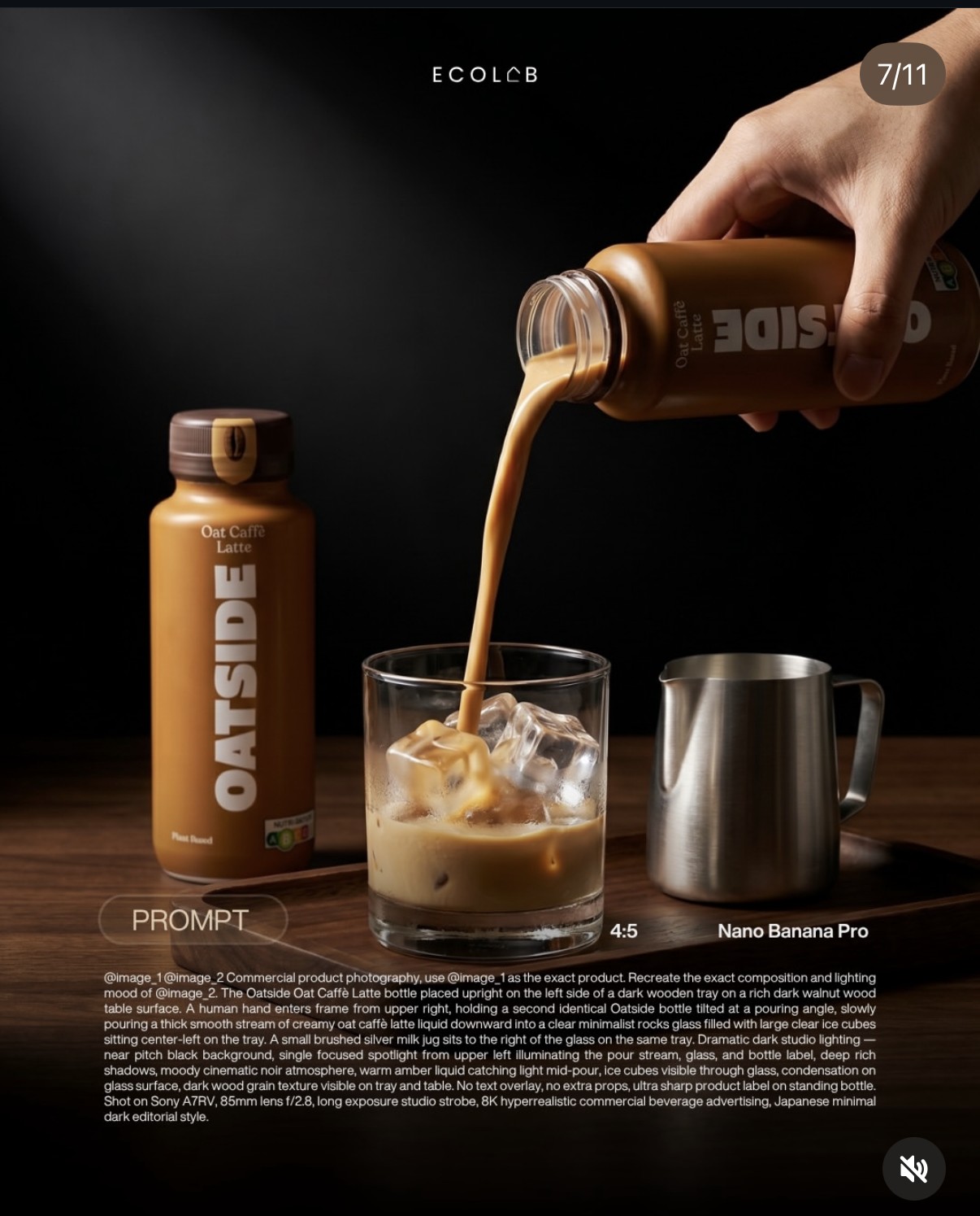 Prompt 7/11 — packshot boisson Oatside Oat Caffè Latte versé dans un verre à glaçons, éclairage studio noir dramatique, Nano Banana Pro