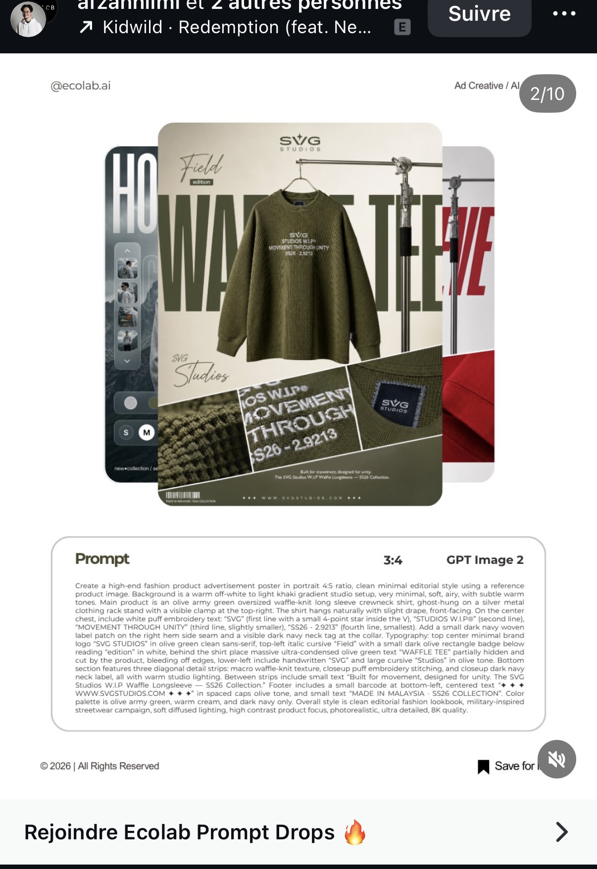 Prompt 2/10 — fiche produit mode « SVG Studios W.I.P Waffle Longsleeve », fond kaki éditorial, GPT Image 2
