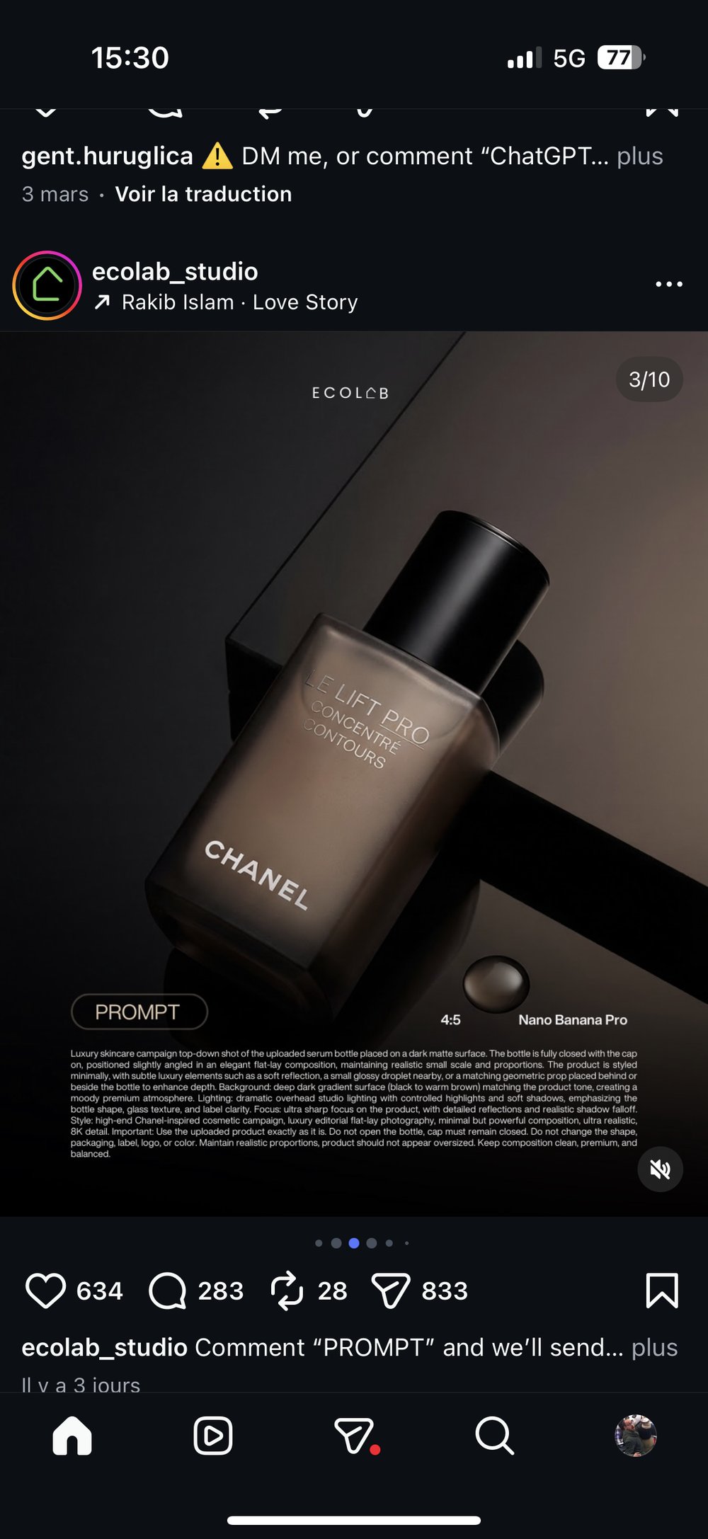 Flacon Chanel Le Lift Pro flat-lay fond sombre