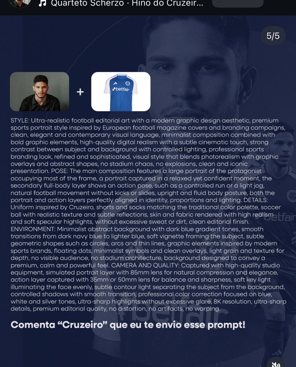 Prompt maillot football Cruzeiro portrait editorial structure