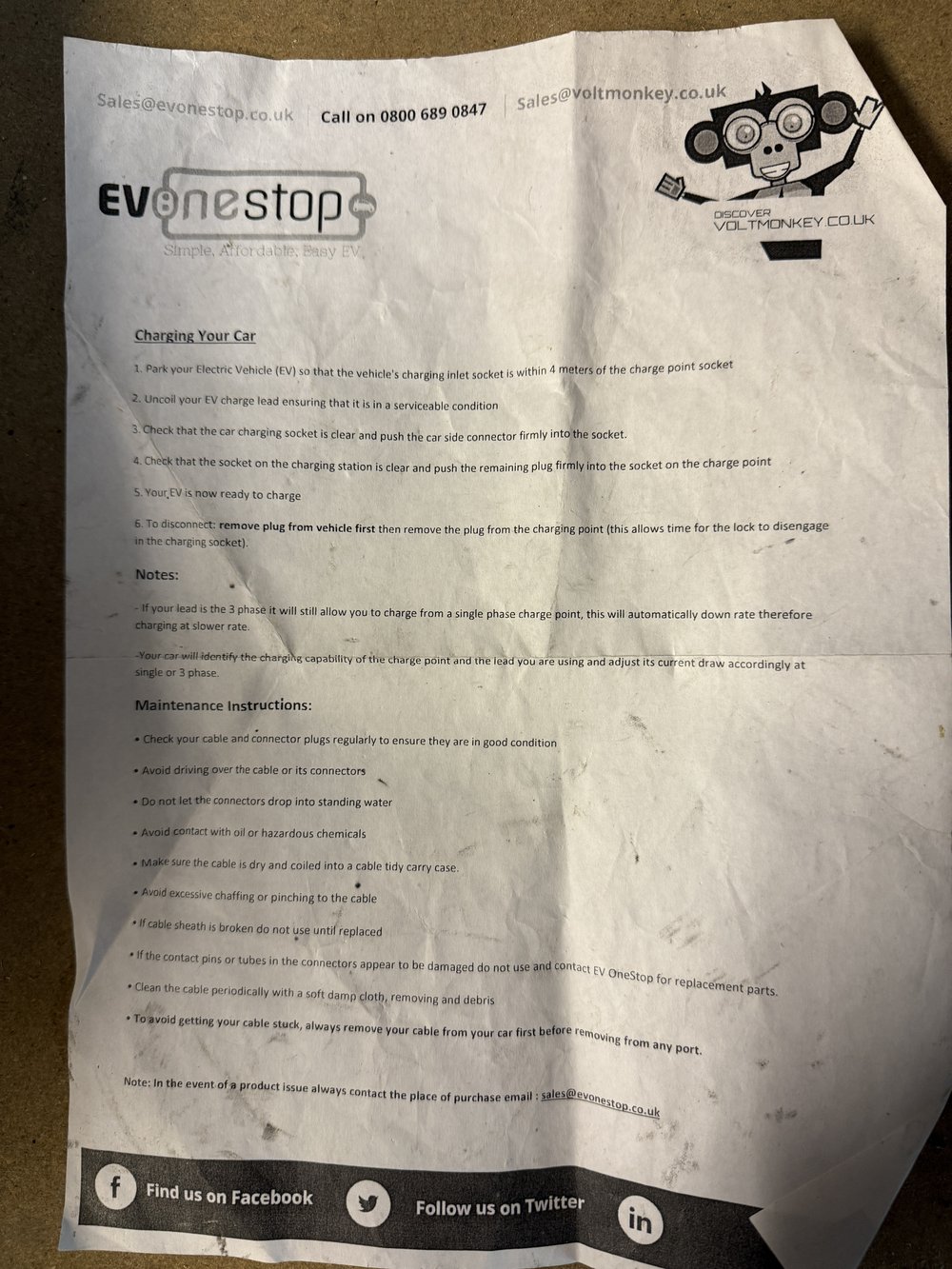 Notice de recharge véhicule électrique — EV OneStop / Voltmonkey (feuillet papier)