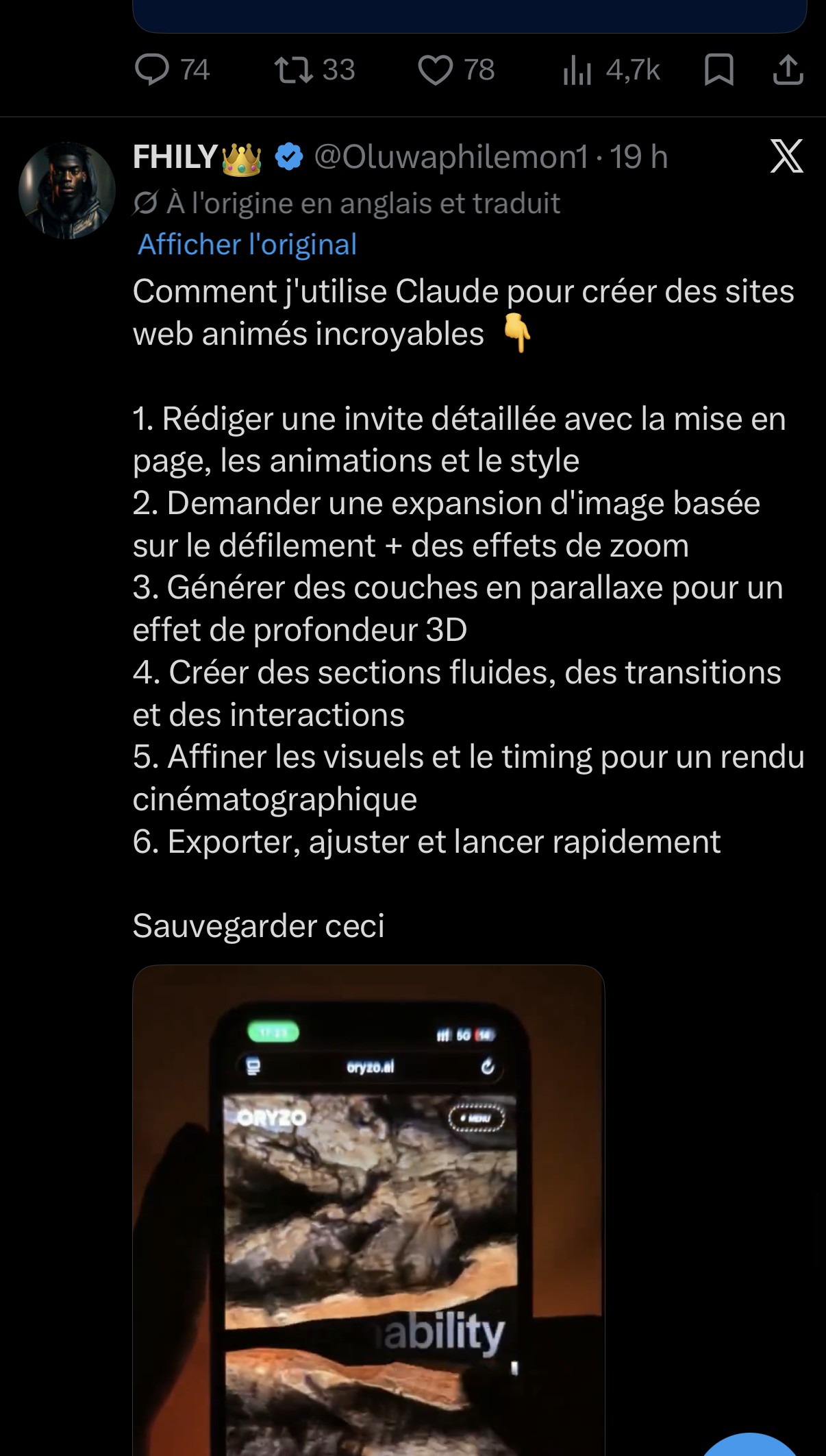 « Comment j'utilise Claude pour créer des sites web animés incroyables » : 6 étapes de la rédaction du brief à l'export final, capture d'écran d'un exemple de résultat