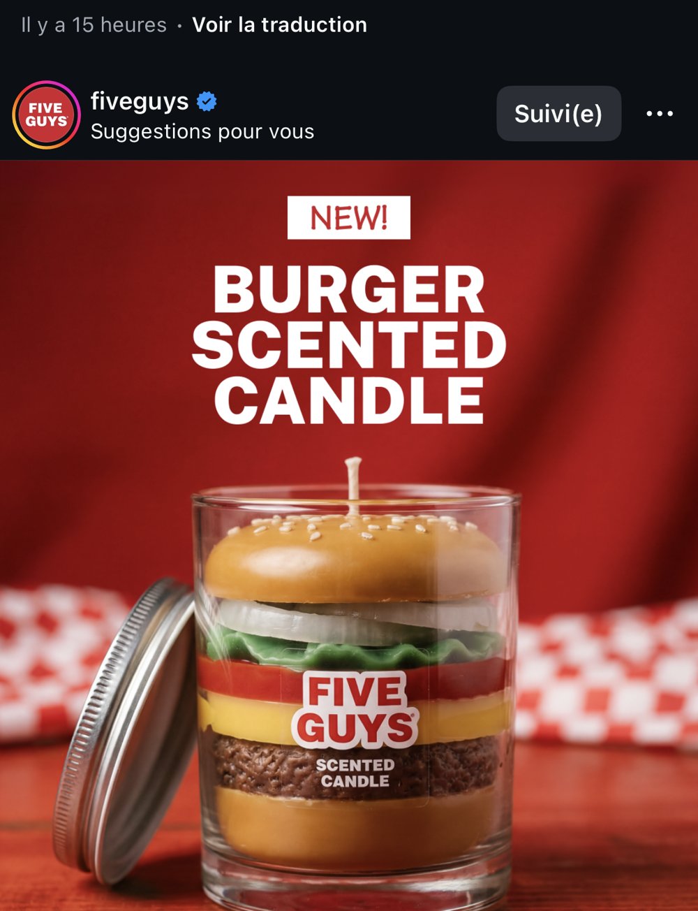 Bougie « Burger Scented Candle » en couches façon burger Five Guys, packaging vitré