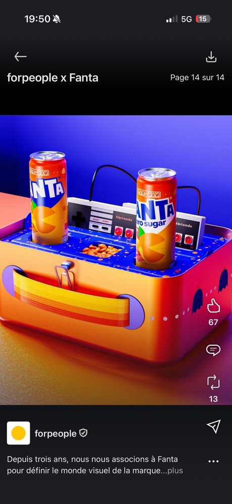 Mockup 3D deux canettes Fanta (orange/zero sucres) posées sur une manette Nintendo stylisée, fond dégradé bleu/violet