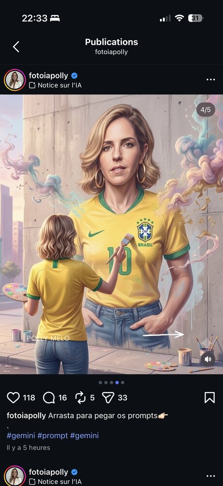 fotoiapolly — rendu final, personnage peignant une fresque murale de lui-même en maillot du Brésil