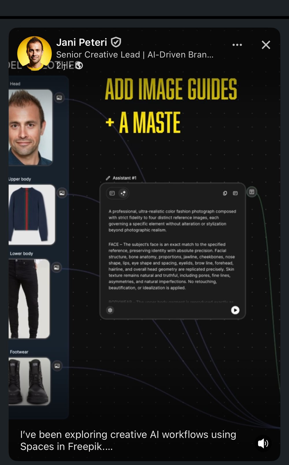 Canevas nodal Freepik Spaces — guides d'image tête/haut/bas/chaussures + nœud assistant