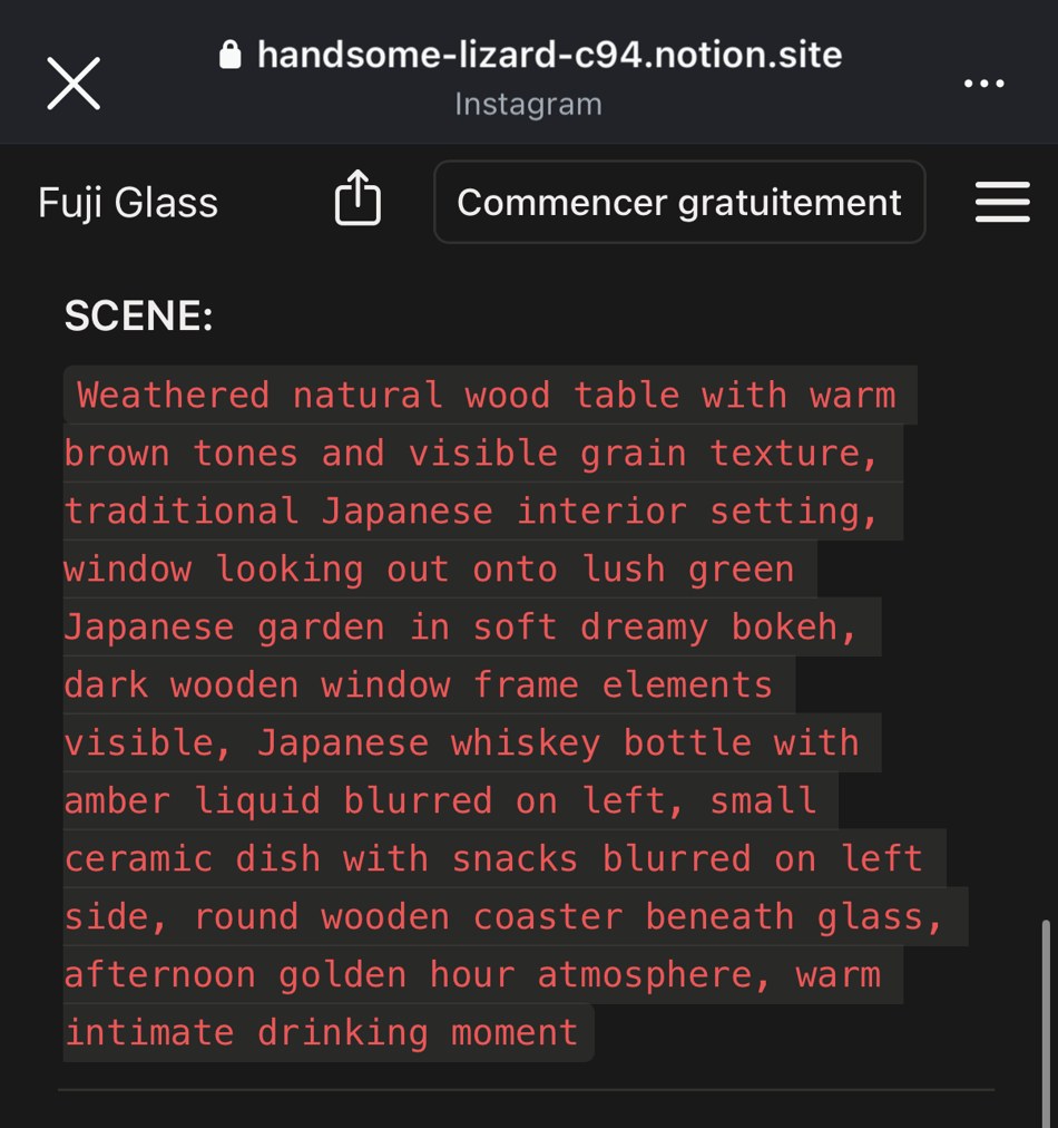 Fuji Glass — bloc SCENE du prompt structuré (table en bois, jardin japonais, ambiance golden hour)