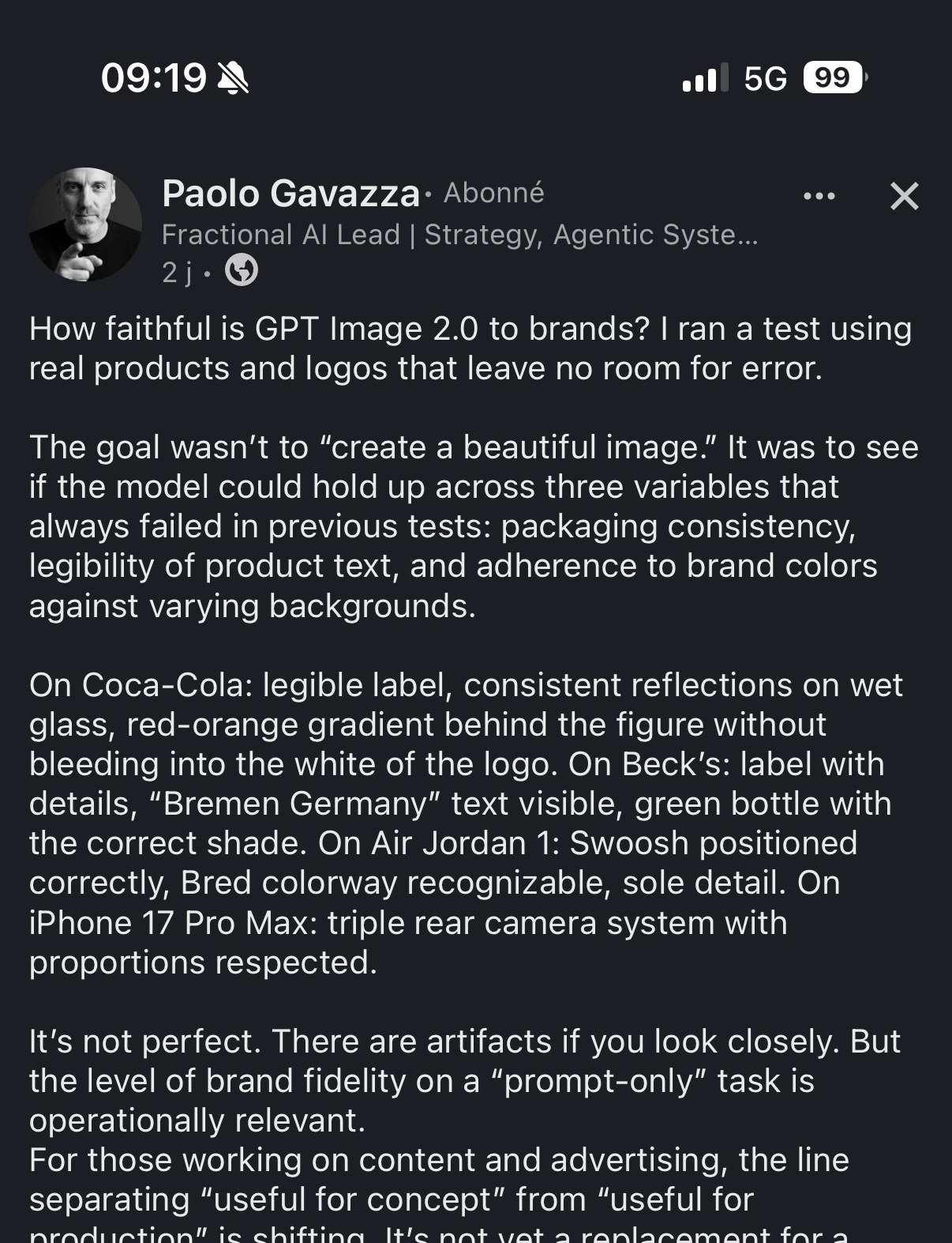 Paolo Gavazza — « How faithful is GPT Image 2.0 to brands? » : test sur Coca-Cola, Beck's, Air Jordan 1, iPhone 17 Pro Max — légende de l'étiquette, reflets, teinte de vert, position du logo