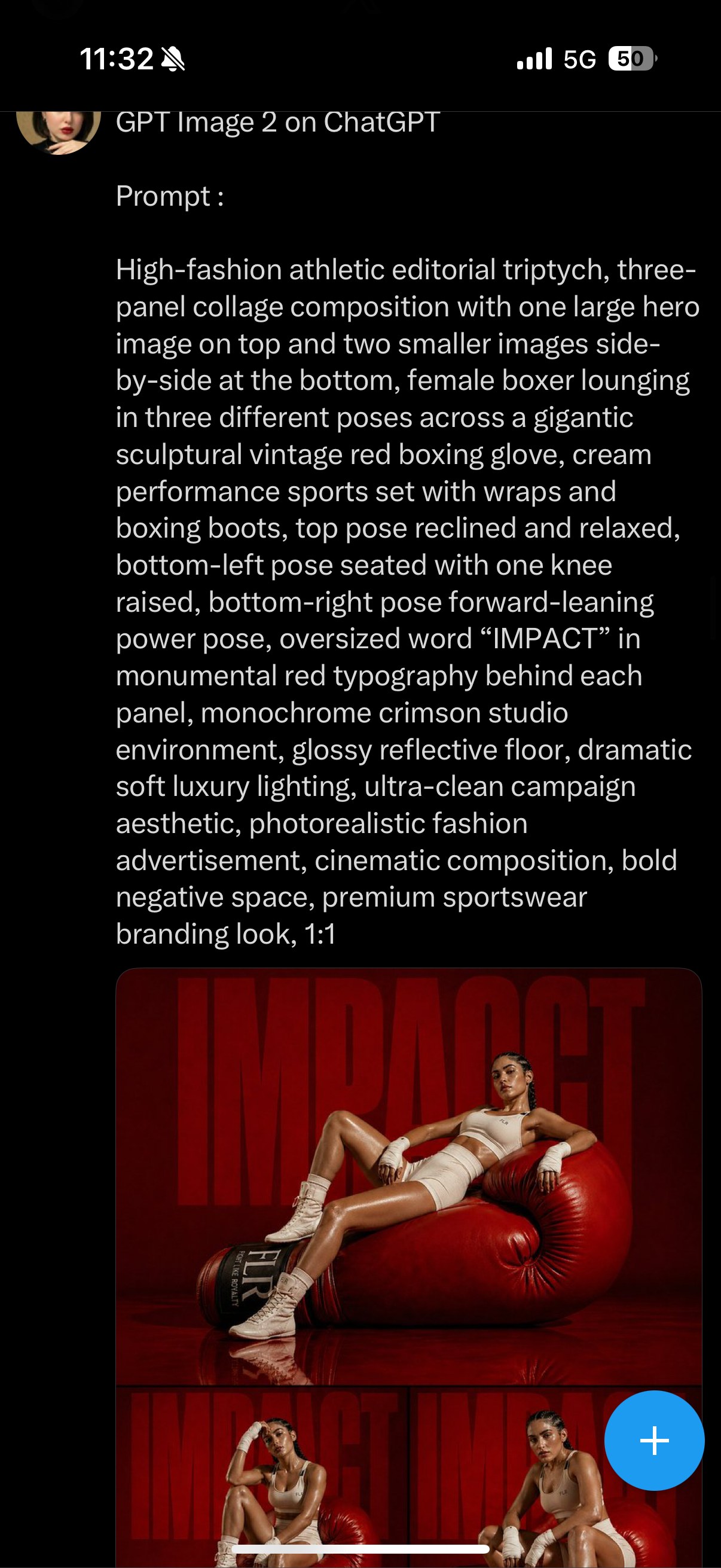 Triptyque éditorial « IMPACT » — boxeuse posée sur un gant de boxe sculptural géant, typographie monumentale rouge, trois poses (allongée, assise, penchée en avant)