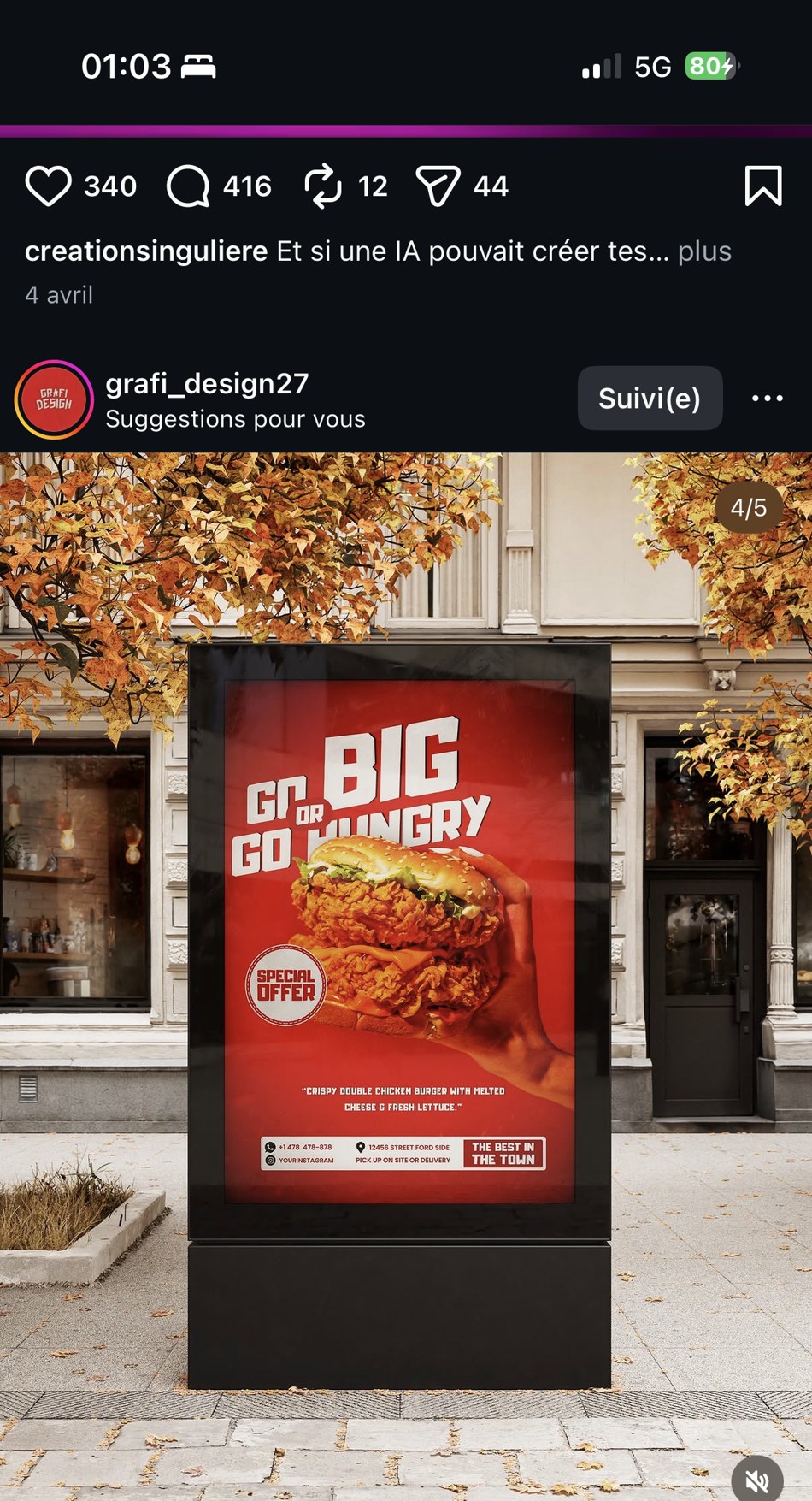 Mockup d'affichage urbain « GO BIG GO HUNGRY — Crispy Double Chicken Burger with melted cheese & fresh lettuce », Special Offer