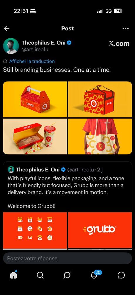 Système packaging Grubb — boîte à emporter, sac isotherme, gobelet, tote bag, motif de cercles orange/rouge/jaune
