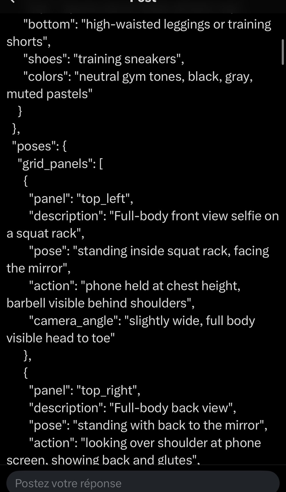 Prompt JSON structuré — grille de poses fitness (squat rack, vue de dos...)