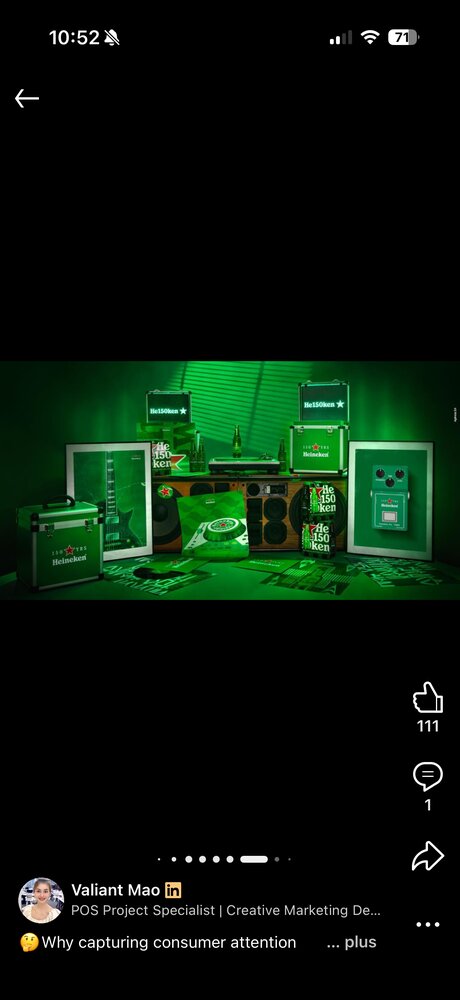 Installation POS Heineken 150 ans, univers vert néon façon backstage de concert