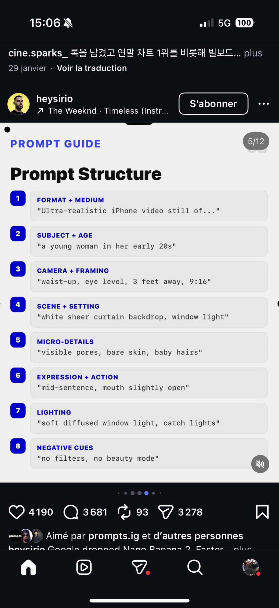 « Prompt Structure » — 8 blocs (format+support, sujet+âge, caméra+cadrage, décor, micro-détails, expression+action, lumière, negative cues)