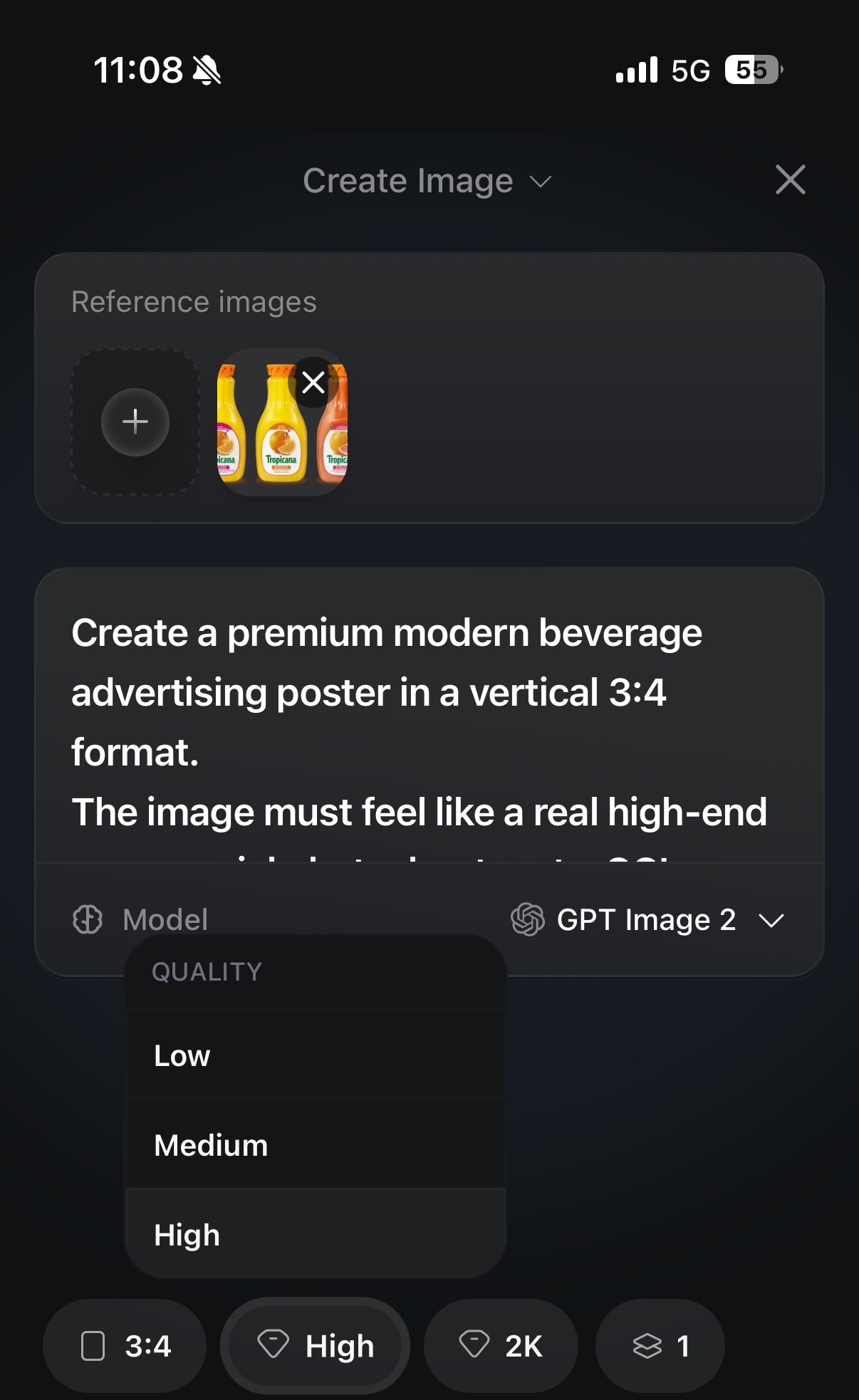 Prompt poster boisson premium 3:4 avec bouteilles Tropicana en référence (Higgsfield.ai, GPT Image 2)
