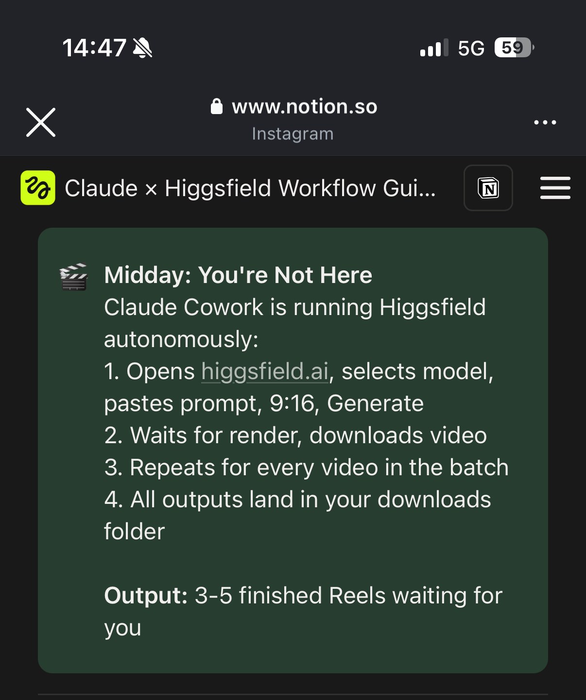 « Midday: You're Not Here » — Claude Cowork fait tourner Higgsfield en autonomie pendant l'absence de l'utilisateur