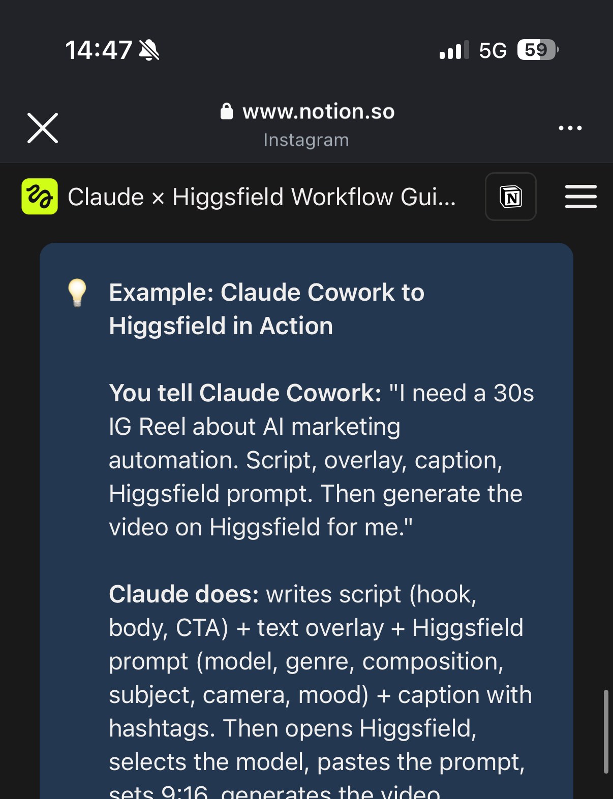 « Example: Claude Cowork to Higgsfield in Action » — cas d'usage complet, de la demande utilisateur à la vidéo générée