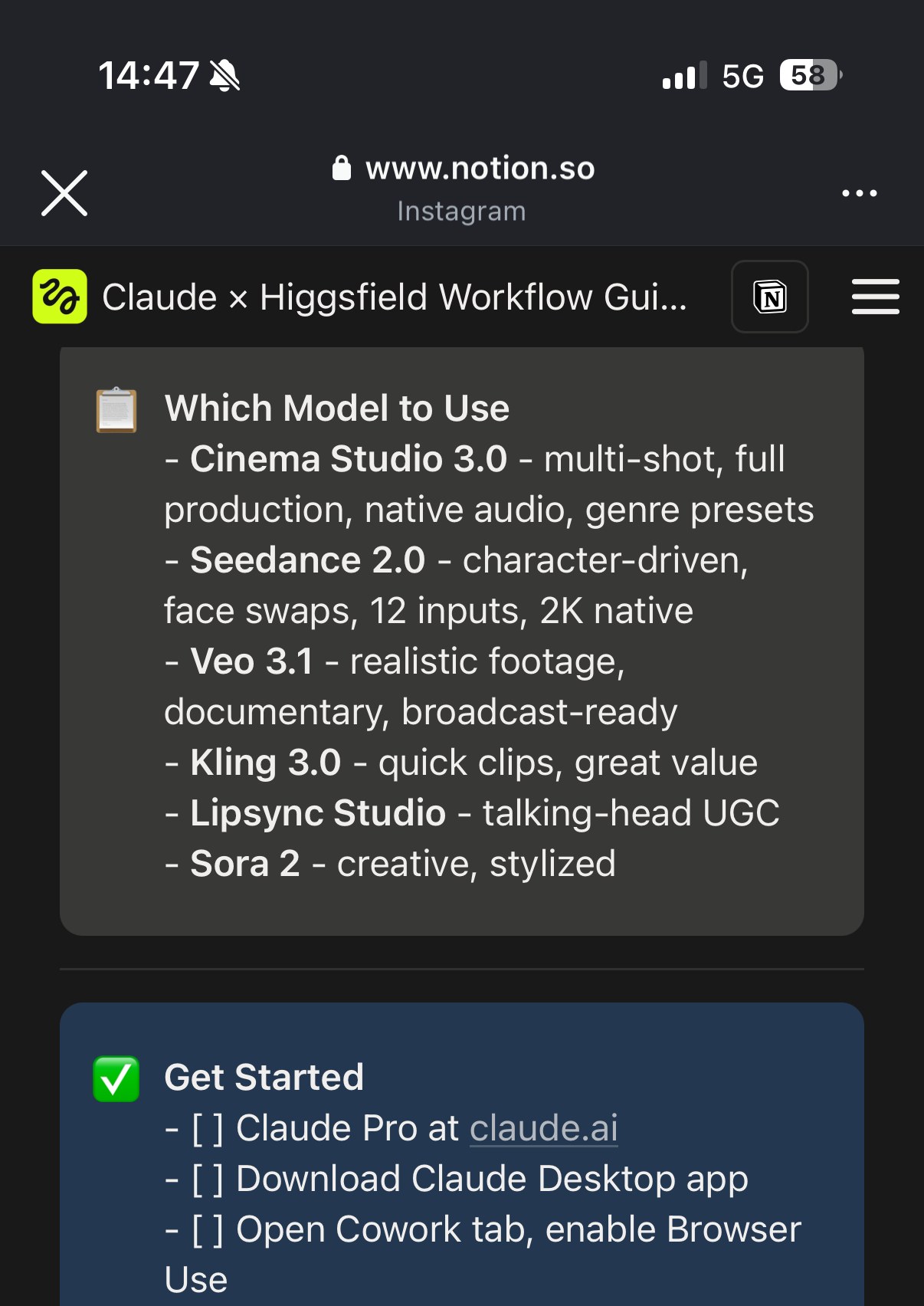 Tableau « Which Model to Use » (Cinema Studio, Seedance, Veo, Kling, Lipsync Studio, Sora 2) et check-list de démarrage