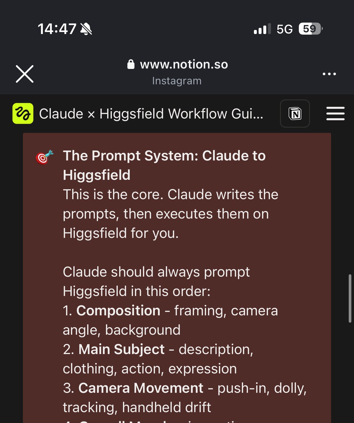 « The Prompt System: Claude to Higgsfield » — structure en 4 points : composition, sujet principal, mouvement caméra, ambiance