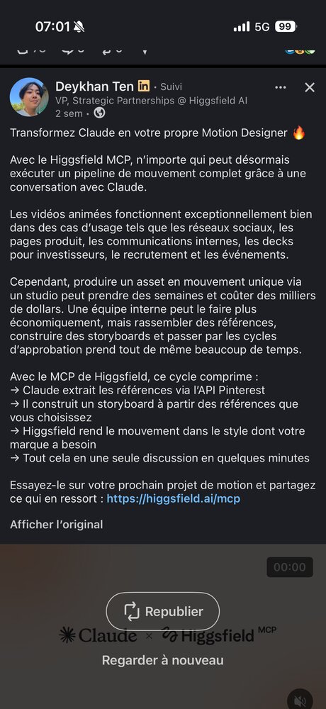 Fonctionnement du pipeline Claude x Higgsfield MCP