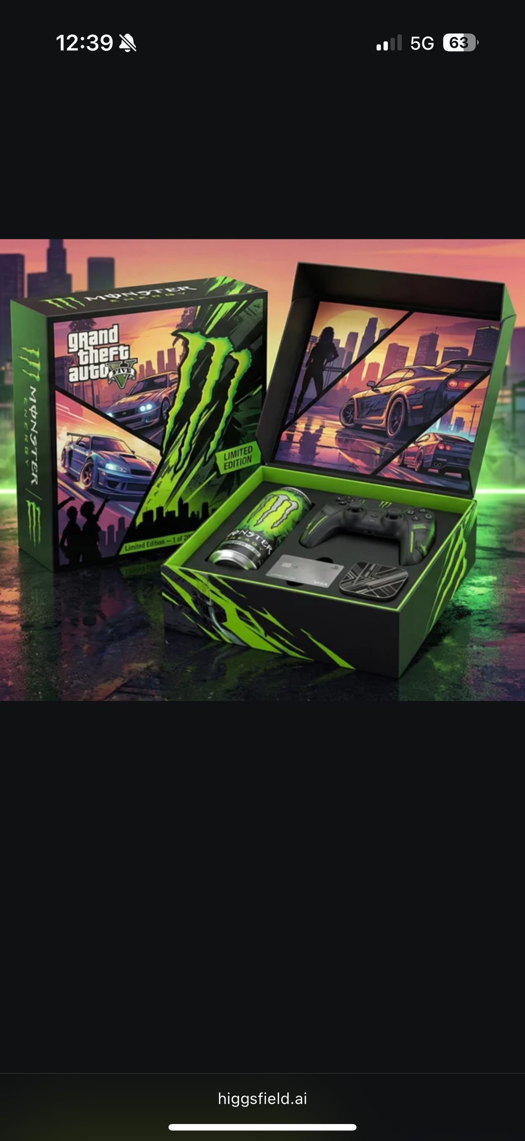 Concept IA (higgsfield.ai) – coffret Monster Energy x GTA V, variante packaging