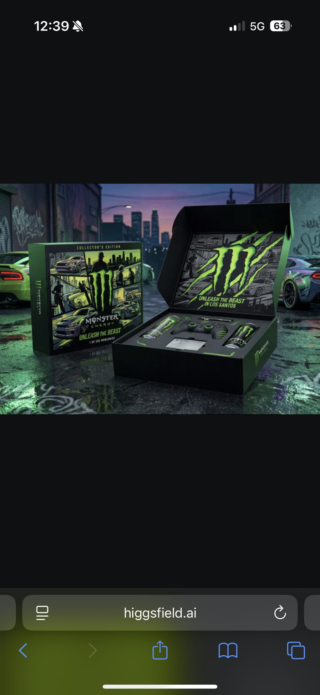Concept IA (higgsfield.ai) – coffret Monster Energy x GTA V, édition « Collector's » style comic