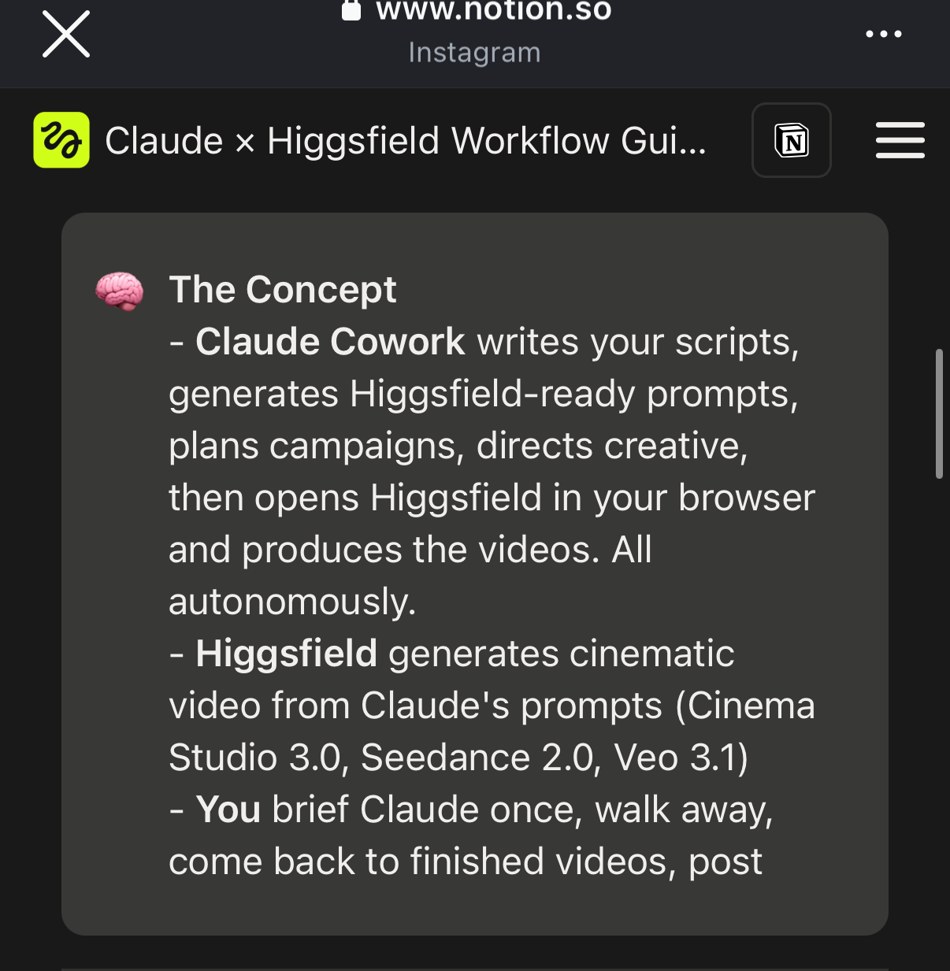 Guide Notion « Claude x Higgsfield Workflow Guide » — le concept résumé en 3 points