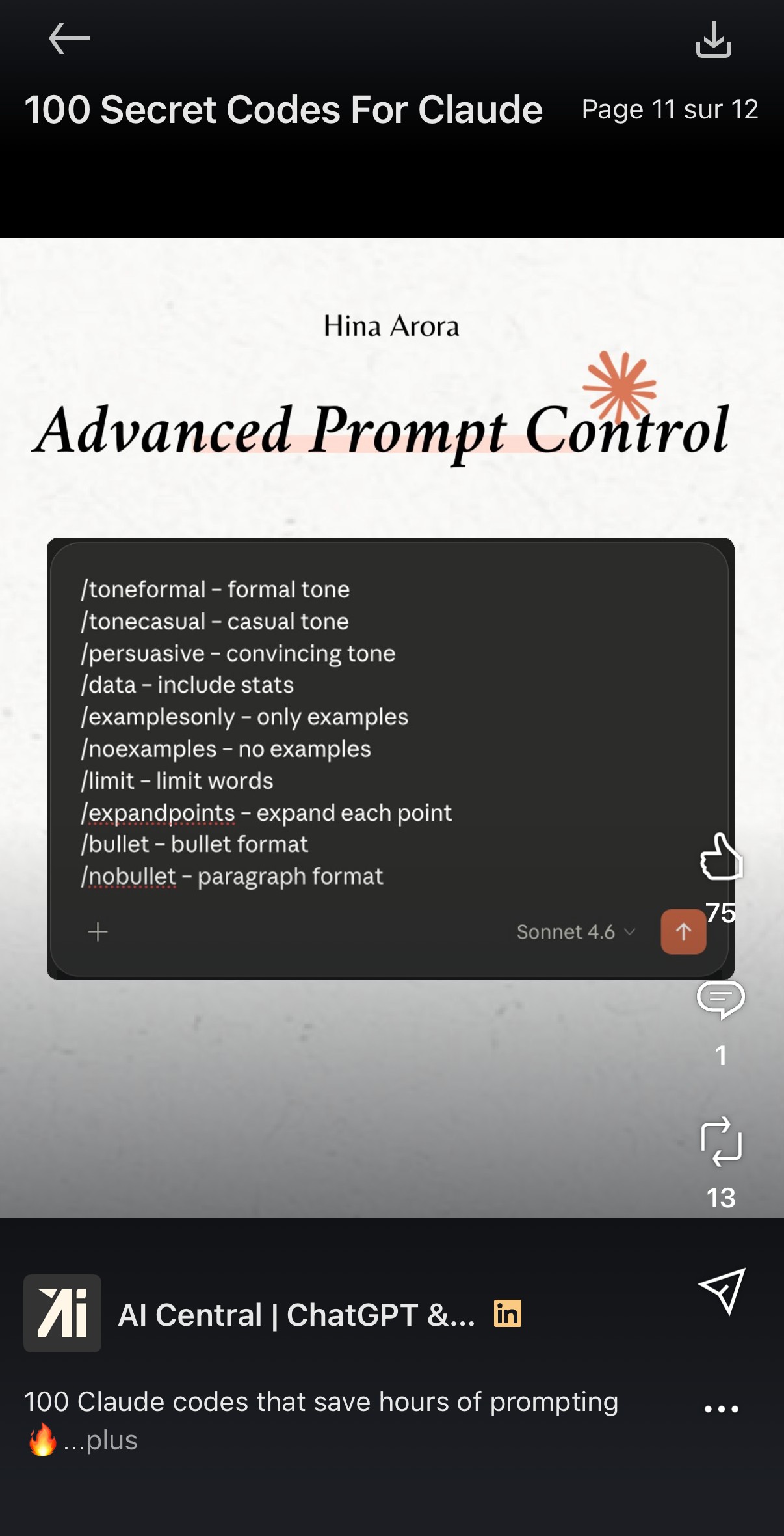 Page 11/12 — Advanced Prompt Control : /toneformal, /tonecasual, /persuasive, /data, /examplesonly, /noexamples, /limit, /expandpoints, /bullet, /nobullet