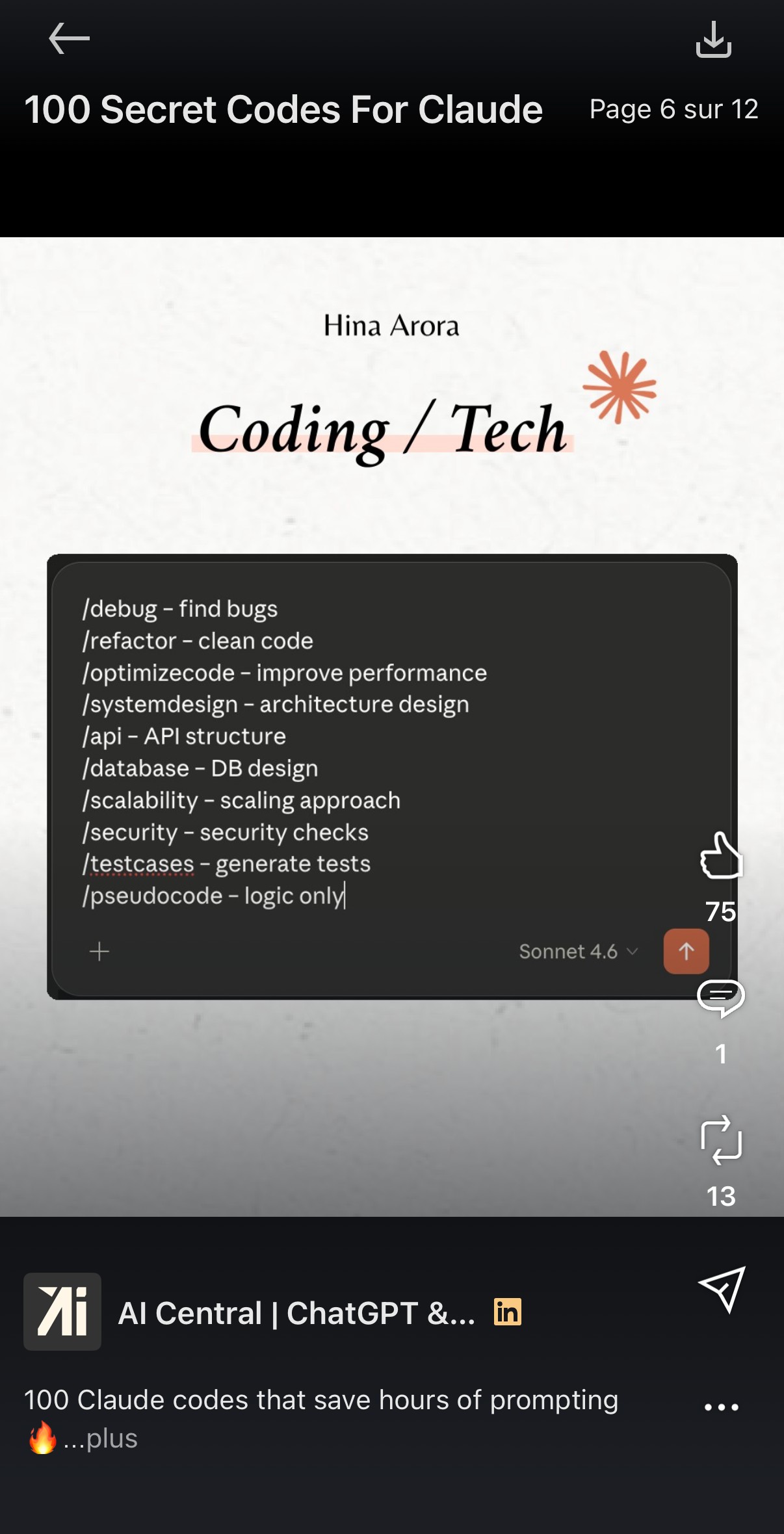 Page 6/12 — Coding / Tech : /debug, /refactor, /optimizecode, /systemdesign, /api, /database, /scalability, /security, /testcases, /pseudocode