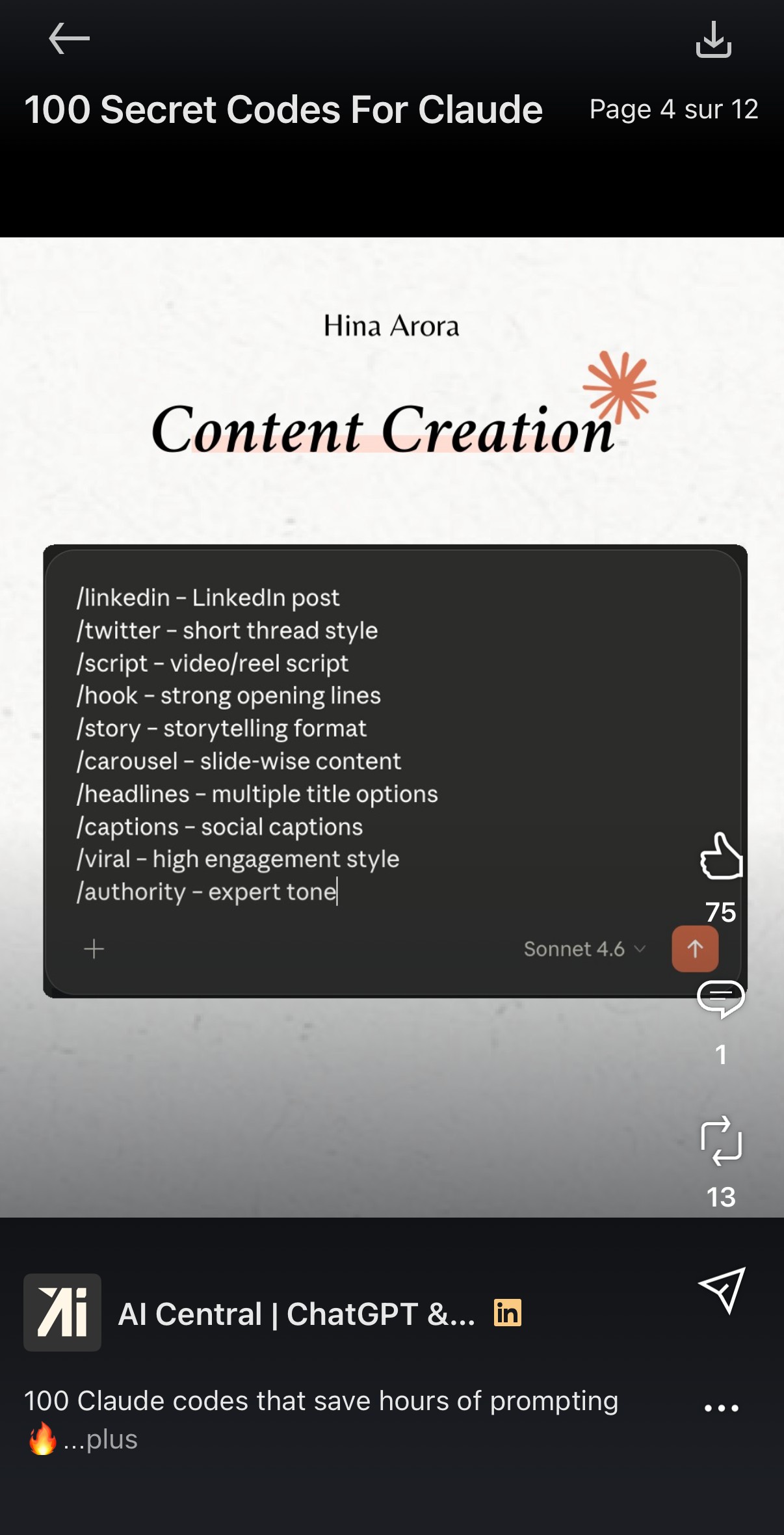 Page 4/12 — Content Creation : /linkedin, /twitter, /script, /hook, /story, /carousel, /headlines, /captions, /viral, /authority