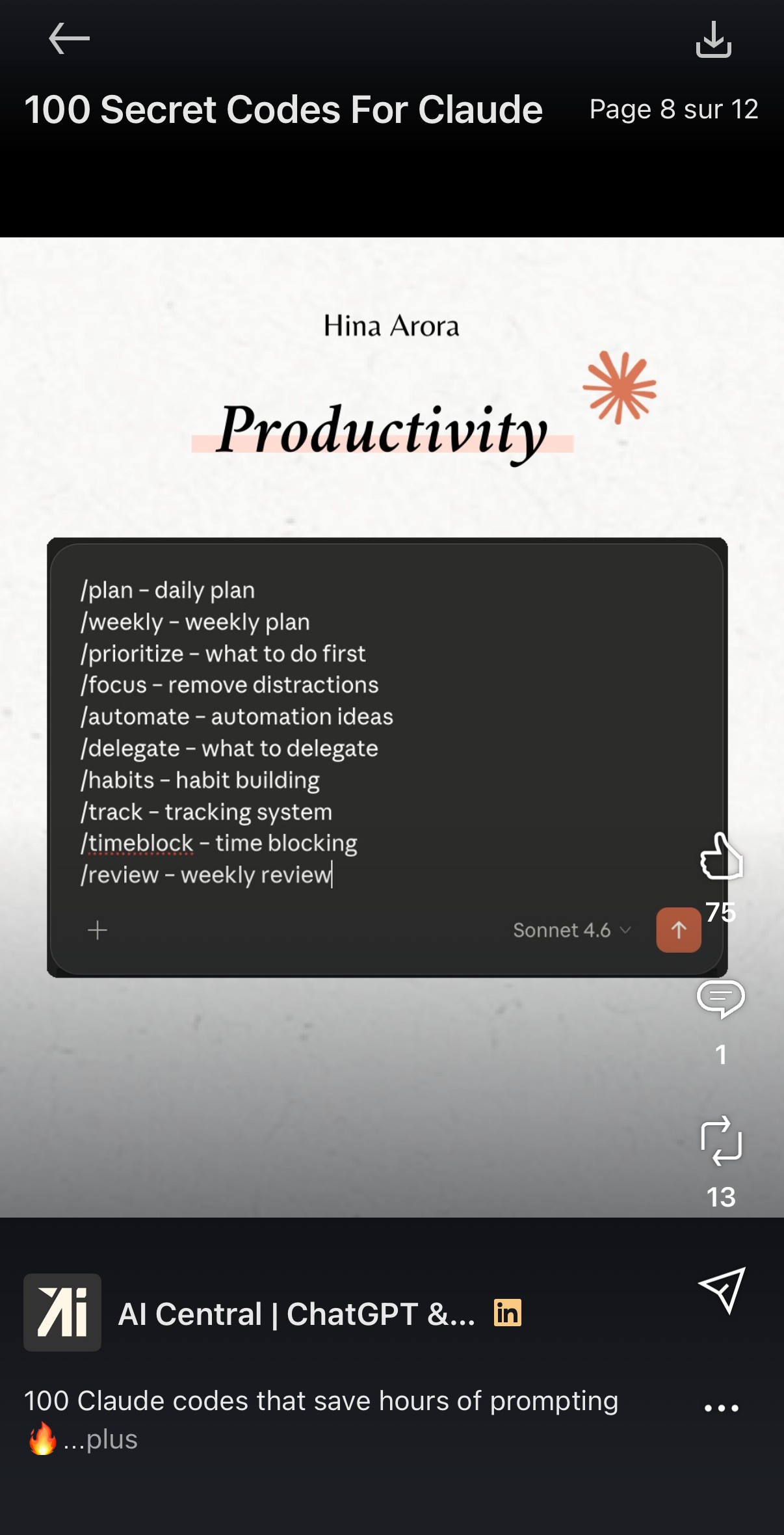 Page 8/12 — Productivity : /plan, /weekly, /prioritize, /focus, /automate, /delegate, /habits, /track, /timeblock, /review