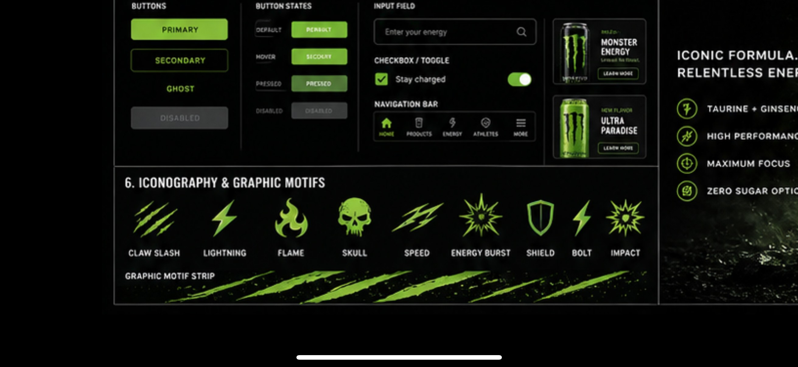Exemple de design system d'interface Monster Energy (boutons, formulaires, iconographie de marque) illustrant l'application des prompts
