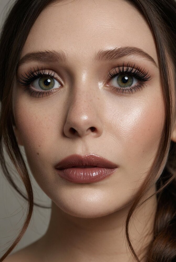 Portrait IA — brune aux yeux clairs, même cadrage et direction artistique