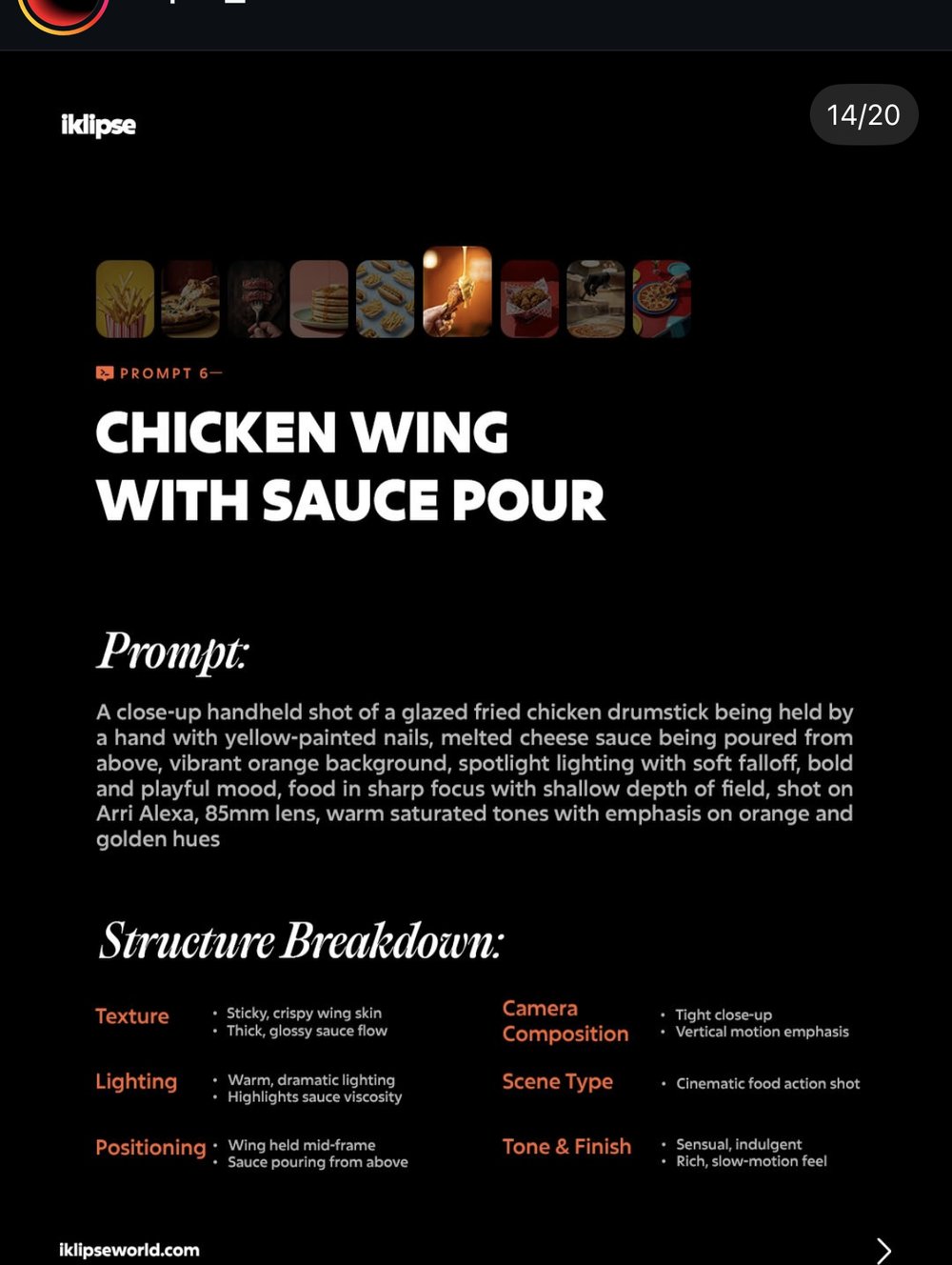 iklipse — Prompt 6, aile de poulet glacée