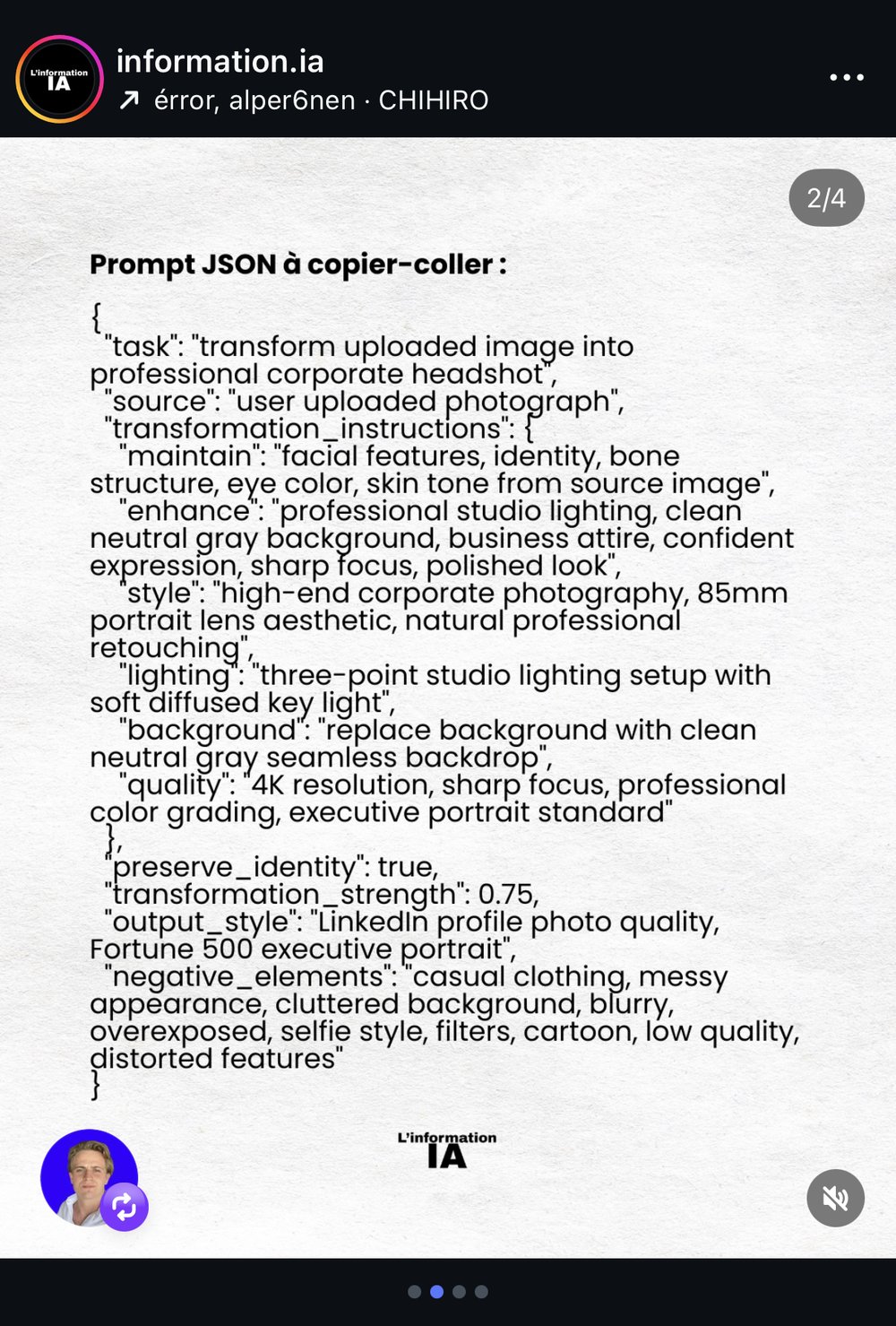 Prompt JSON transformation photo en portrait corporate