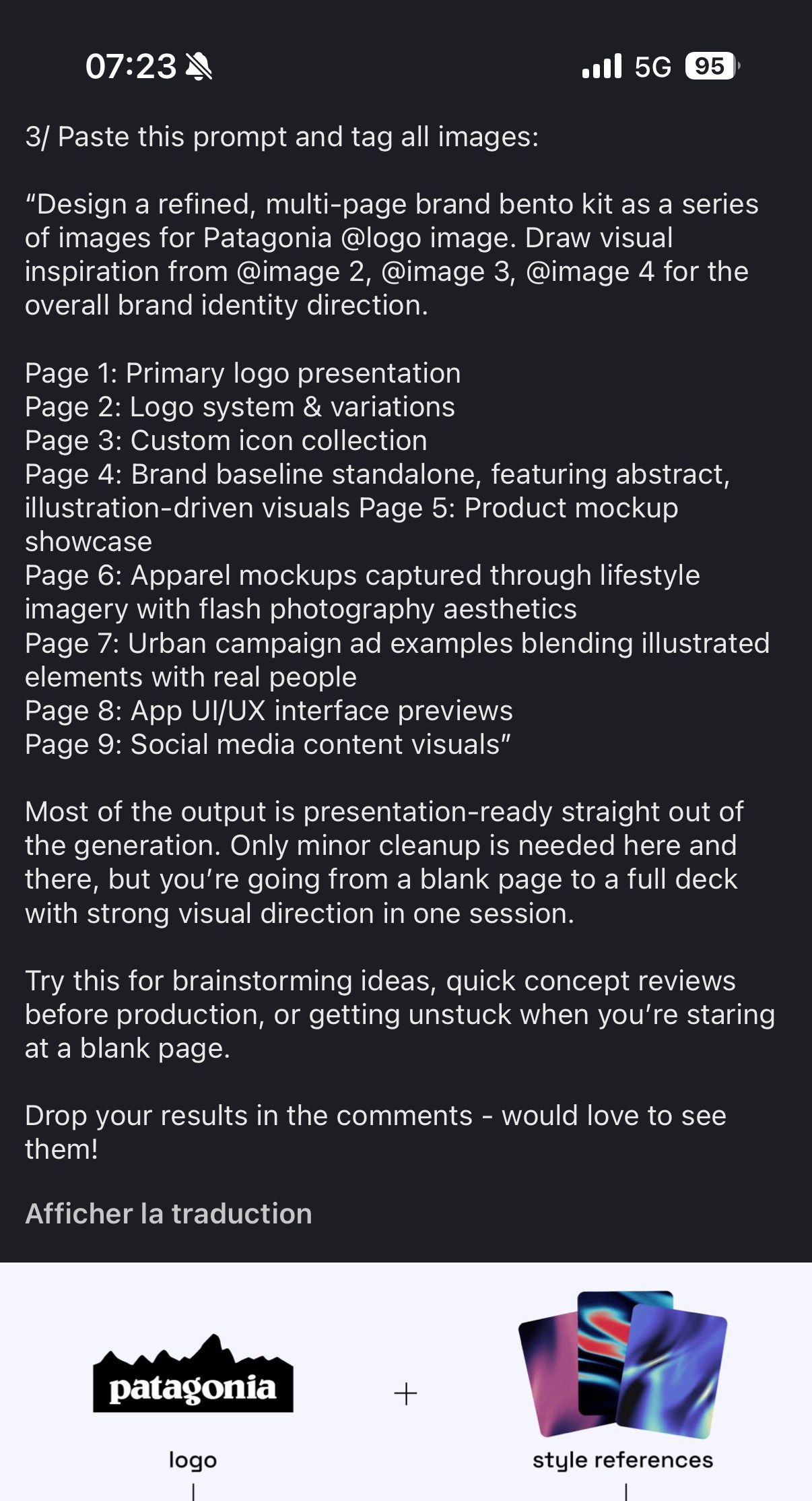 Prompt kit de marque multi-pages « brand bento kit » pour Patagonia — 9 pages, logo à contenu social