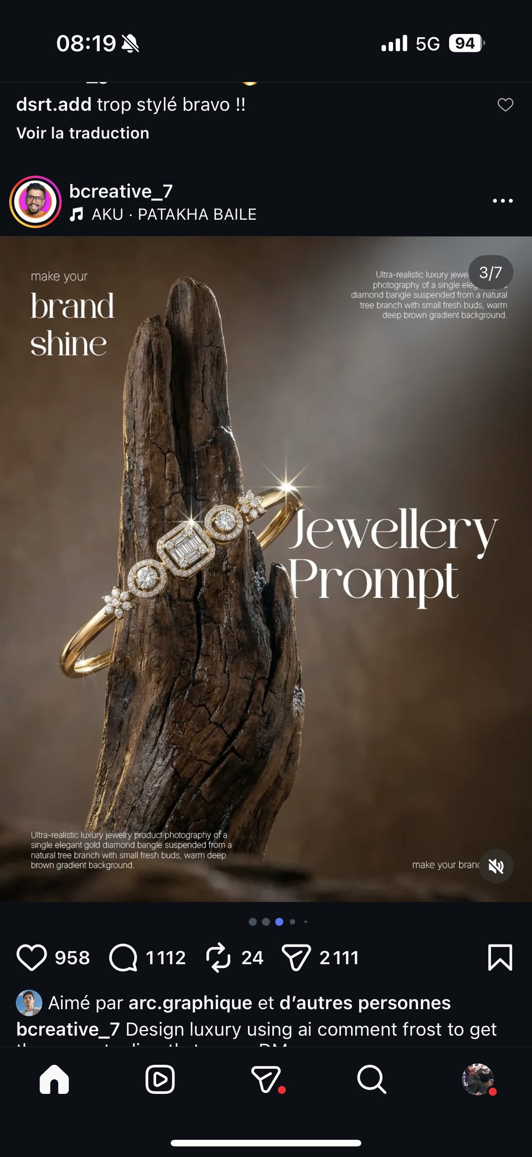 Jewellery Prompt — bracelet or sur bois flotté (3/7)