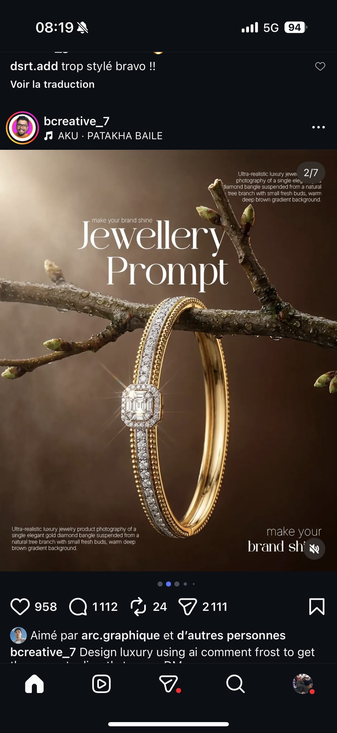 Jewellery Prompt — bracelet diamant suspendu à une branche (2/7)