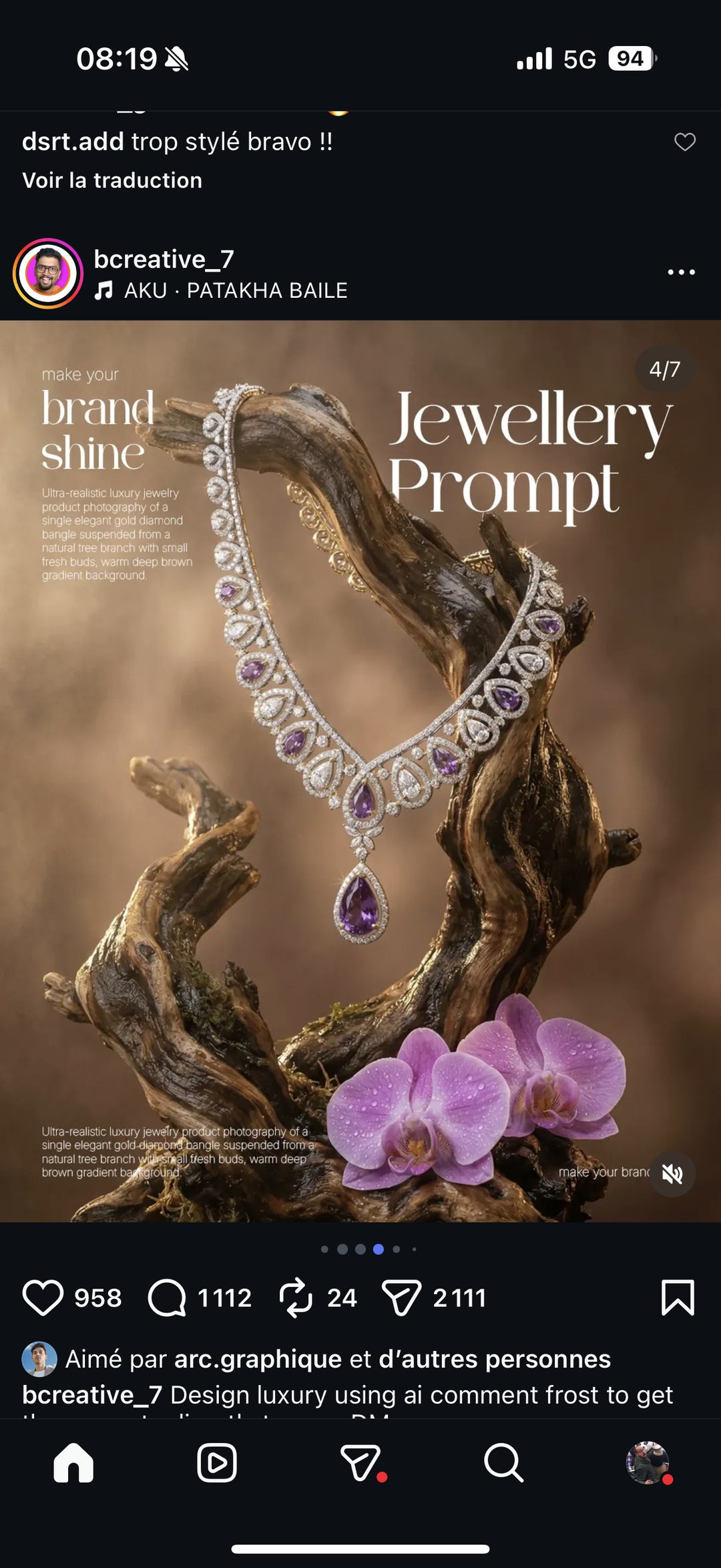 Jewellery Prompt — collier diamant et améthyste sur bois flotté fleuri (4/7)