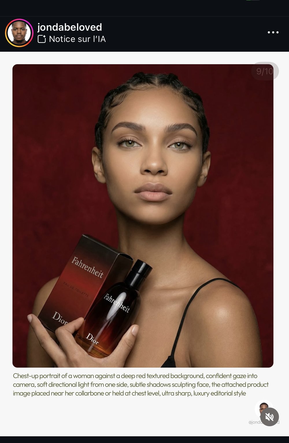 jondabeloved — campagne IA « Fahrenheit » Dior : portrait studio + 2 environnements produit