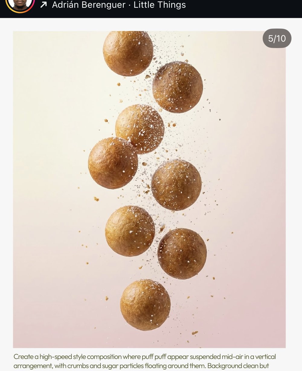 Puff puff en suspension, effet haute vitesse, sucre et miettes (slide 5/10)
