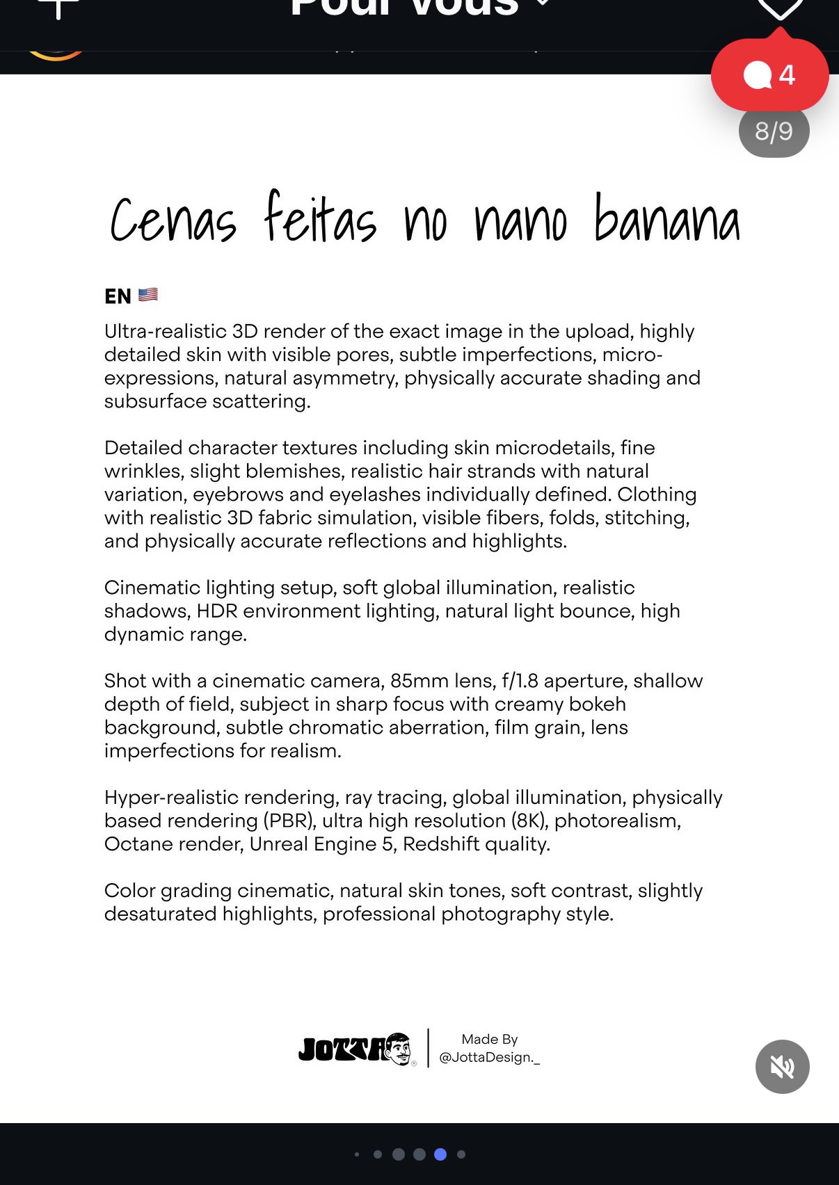 @JottaDesign._ — rendu 3D ultra-réaliste « nano banana », caption « Cenas feitas no nano banana » / « Real ou render? »