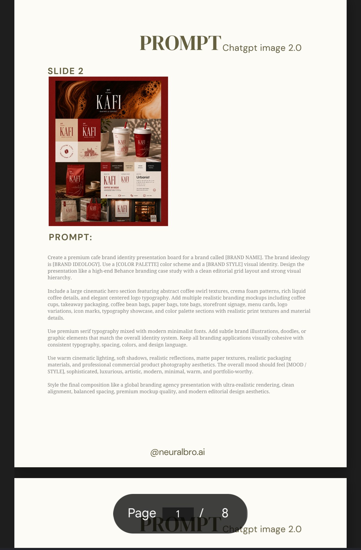 KAFI — planche de présentation d'identité de marque façon étude de cas Behance, prompt ChatGPT Image 2.0 complet