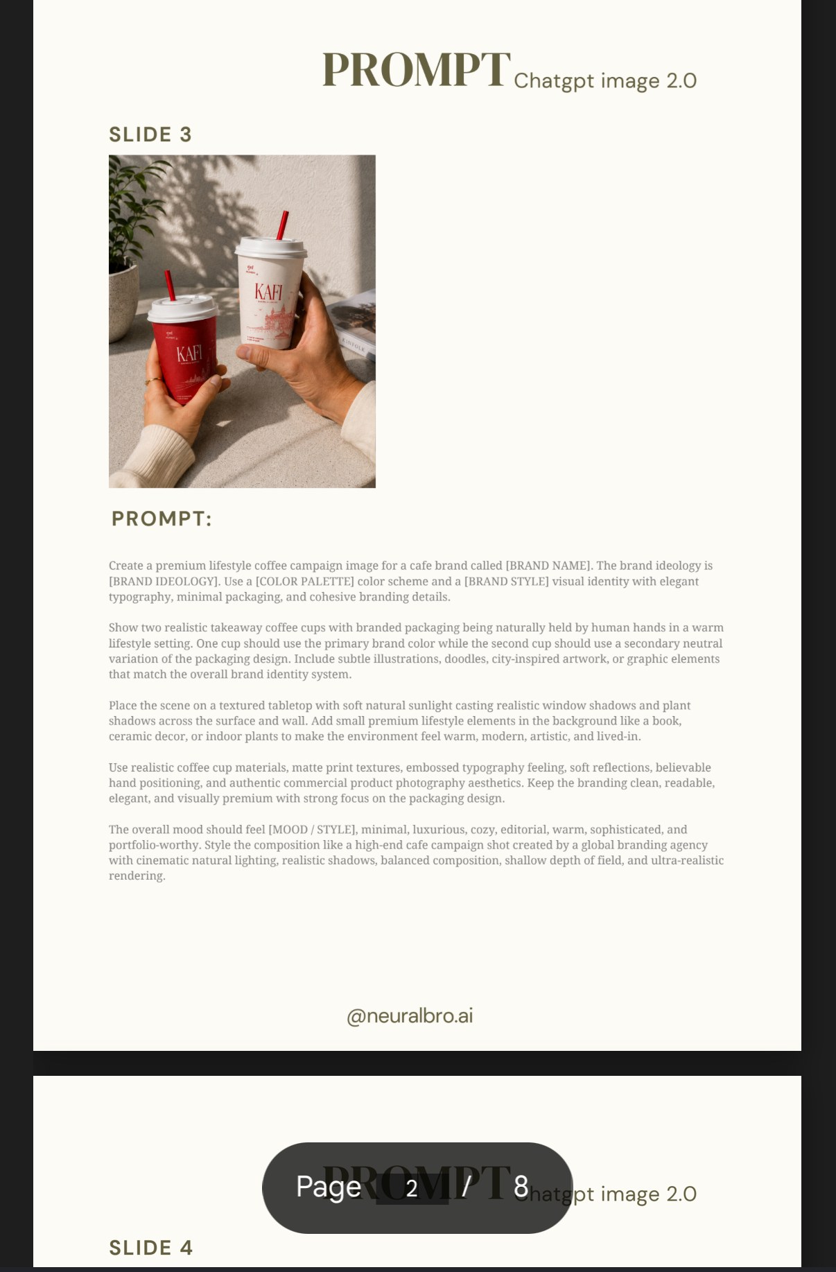 Slide 3 — campagne lifestyle, deux gobelets à emporter tenus en main, prompt complet lifestyle
